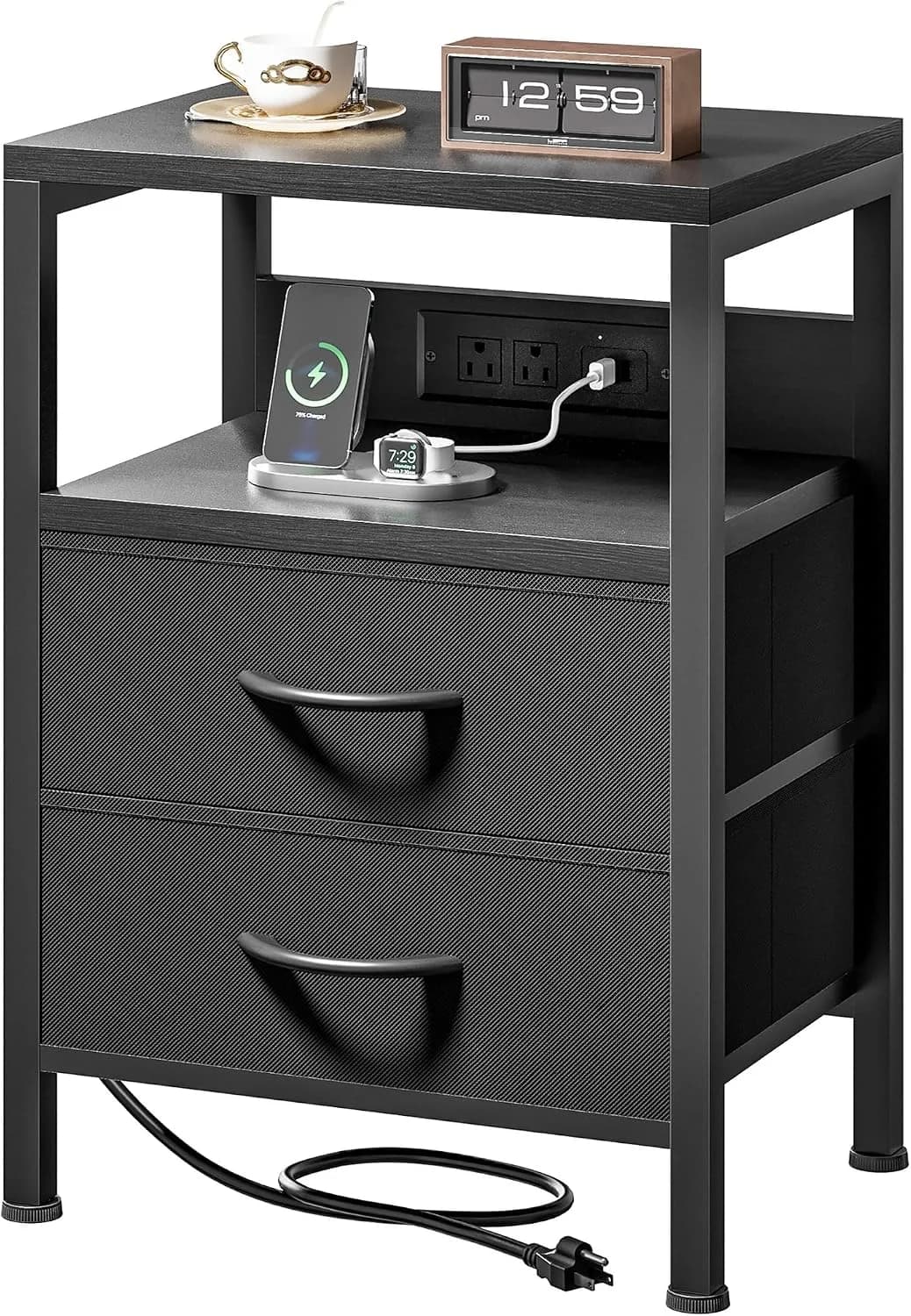 Lazzanto Night Stand with Charger Station for Bedroom, Black Nightstand