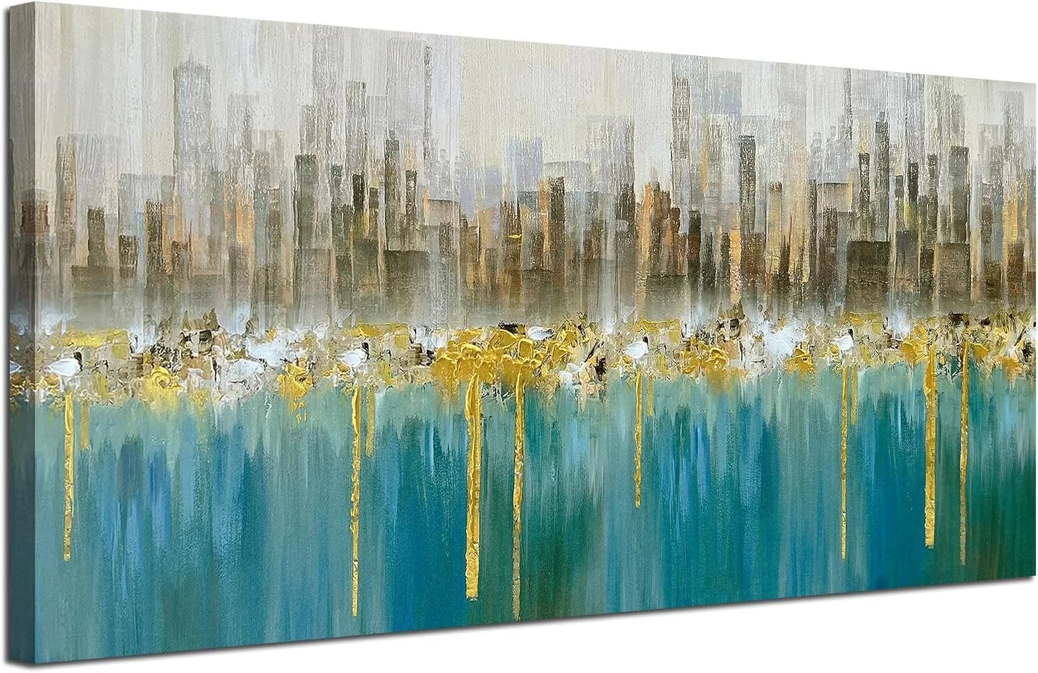 Ardemy Teal Abstract Cityscape Canvas Wall Art Modern Skyline Gold Textured Painting, Grey Buildings Large Size 40"x20"