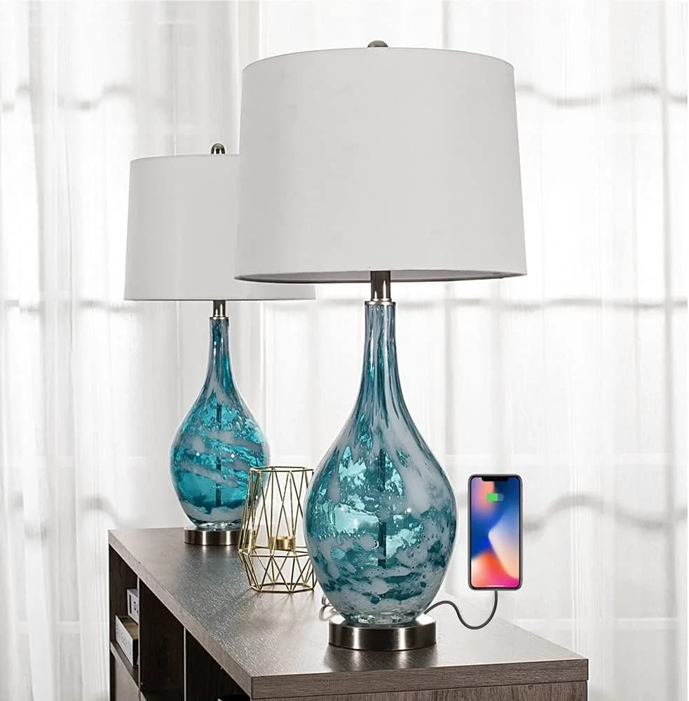 Maxax Coastal Glass Table Lamps Set of 2 Blue Bedside Lamp with USB Charging, Modern Bedside Desk Lamp with White Shade