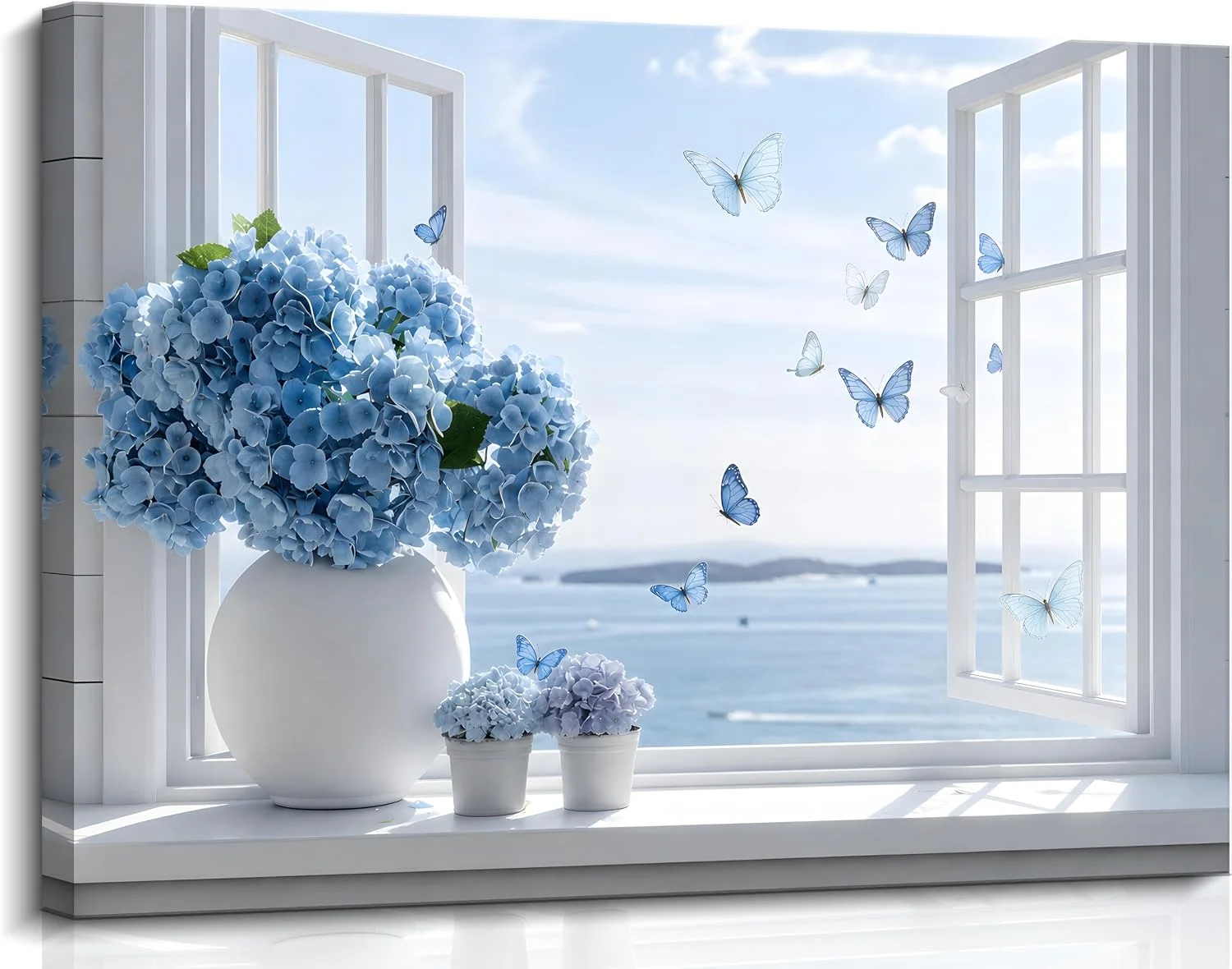 Birnsen Coastal Bathroom Canvas Wall Art Blue Hydrangea Floral Vase Butterfly Open Window Beach Seascape Wall Decor, Pos