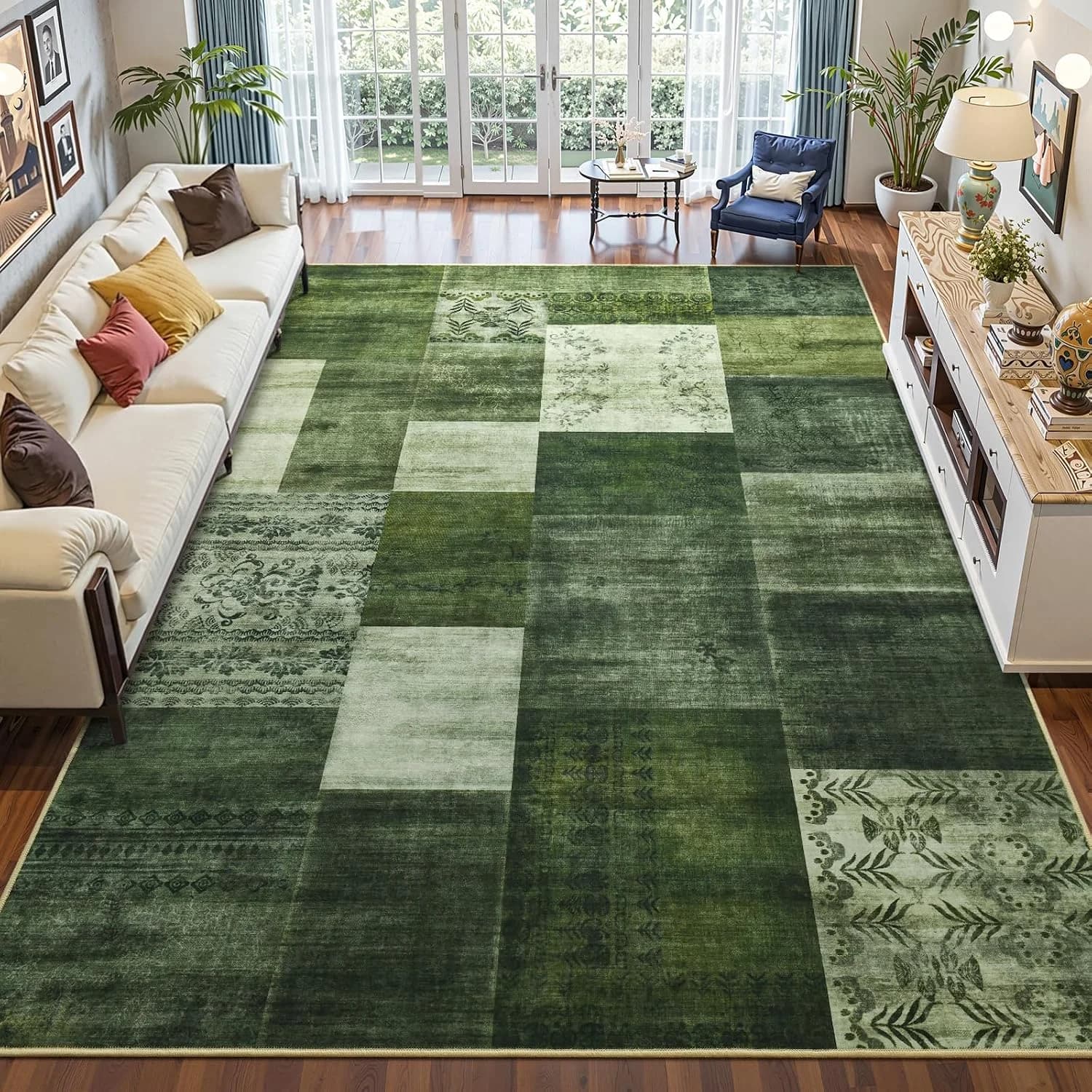 DweIke Washable Area Rugs 4x6 for Living Room, Modern Geometric Green Soft Patchwork Carpet, Non-Slip Stain Resistant Th