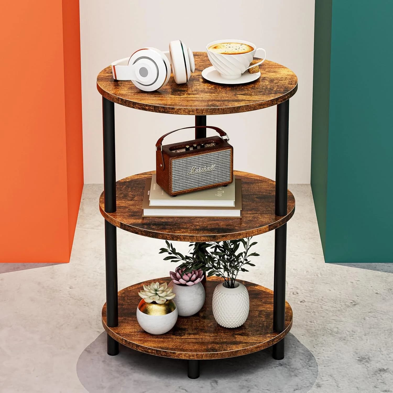 Round Small End Table - 3 Tier Oval Accent Table for Small Spaces, Rustic Wood and Metal Couch Side Table, Nightstand fo
