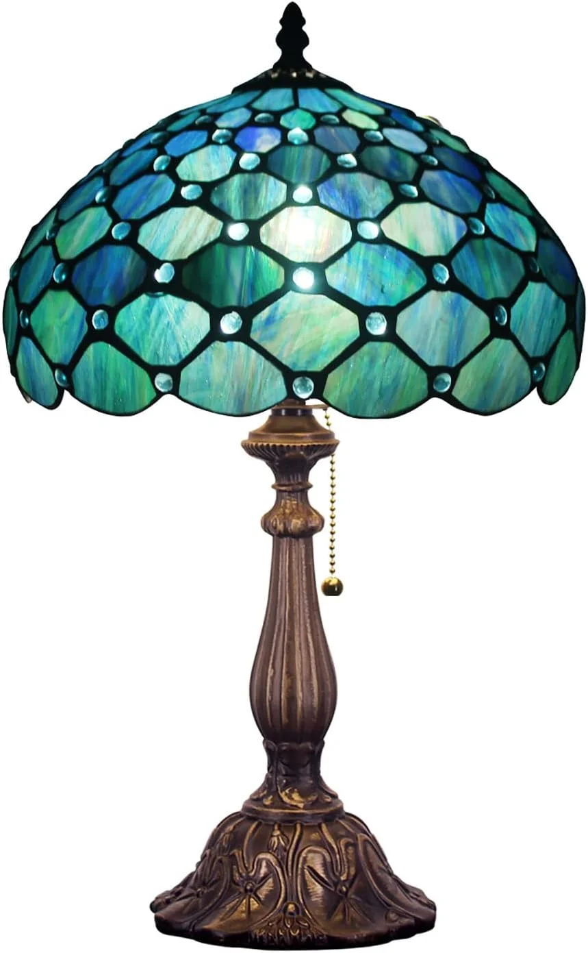 Tiffany Table Lamp Stained Glass 12X12X19 Inch Sea Blue Pear