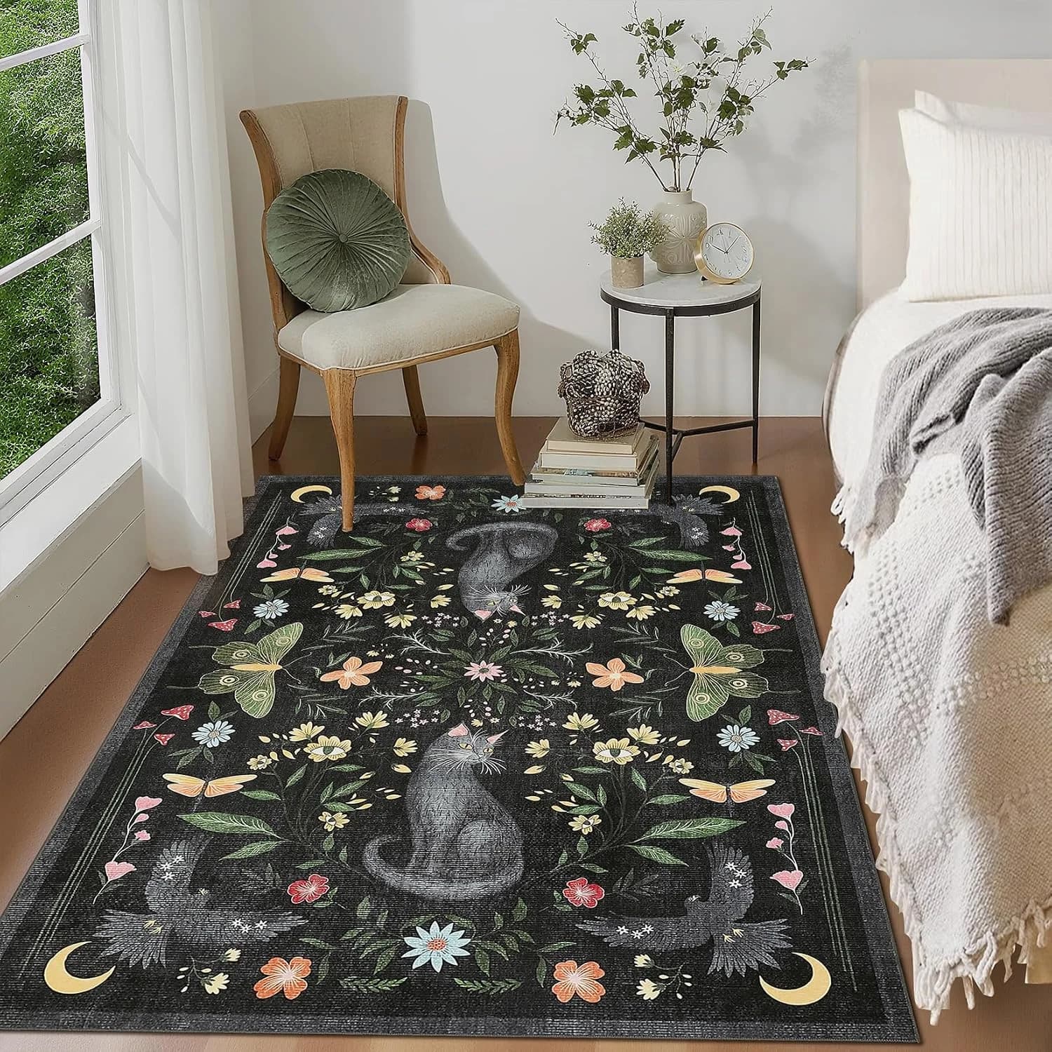 GarveeHome 4x6 Cat Washable Area Rug for Nursery Room, Mushroom Floral Black Bedroom Rug Non Slip Low Pile Butterfly Car