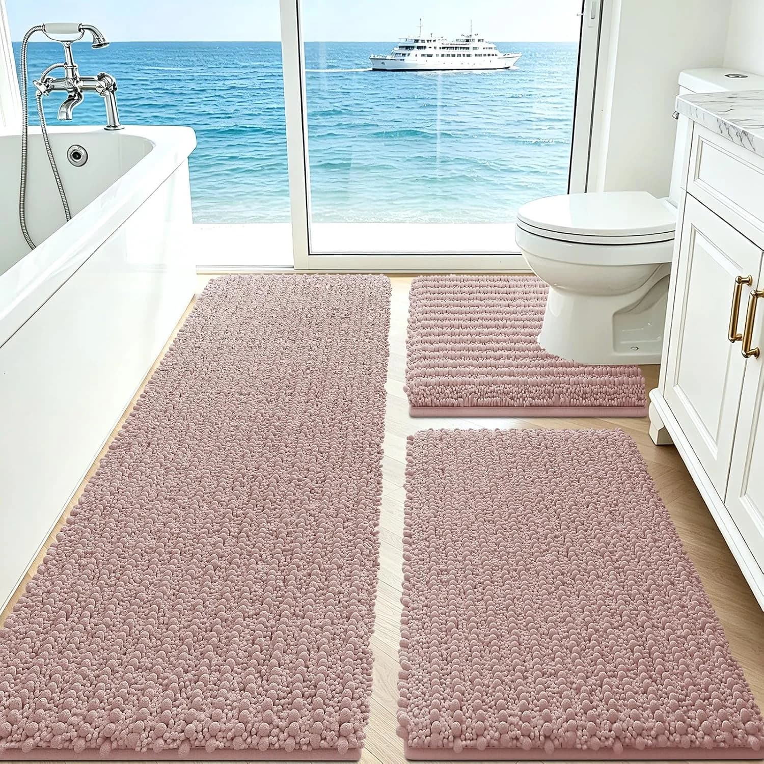 ACCUMTEK Upgrade Extra Large Dusty Pink Bathroom Rug Set 3 Pieces Ultra Soft, Thick Absorbent Bath Mats, Non Slip Chenil