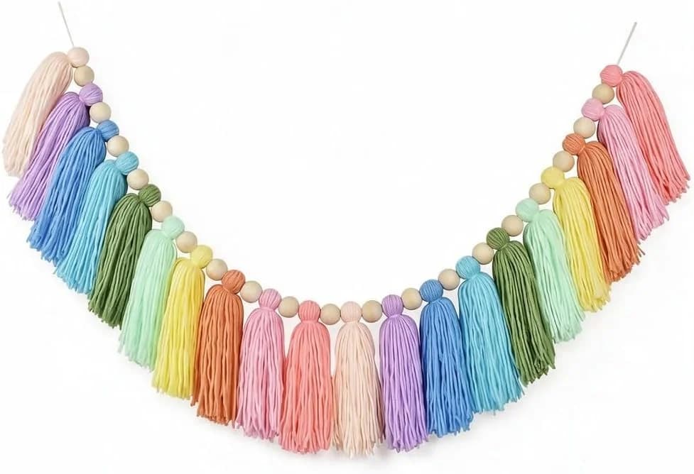 DrCor Pastel Rainbow Tassel Garland – Colorful Boho Girls Bedroom Decor