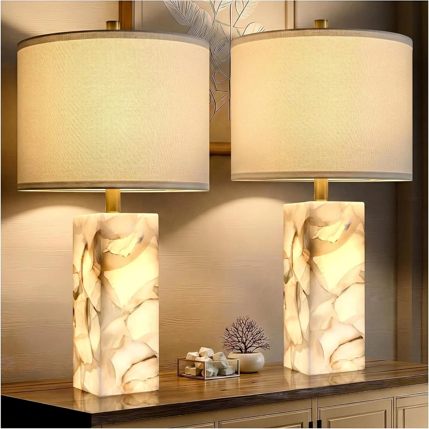 Scenekoy 23" Alabaster Table Lamp Set of 2 with Night Light for Living Room