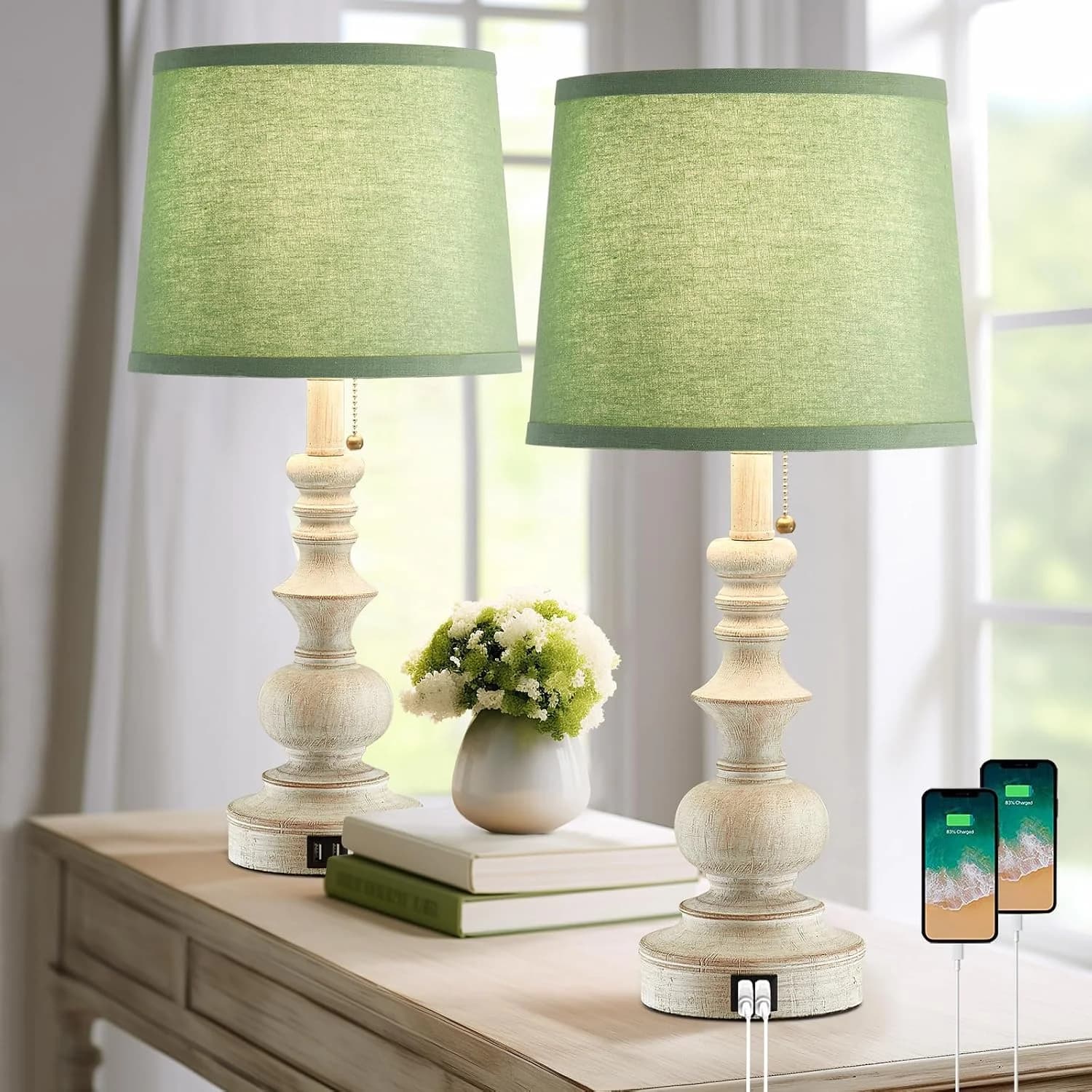Drawealth 22'' Farmhouse Lamps for Bedrooms Set of 2 Bedside Lamps for Nightstand with USB Charging Ports Traditional Bo