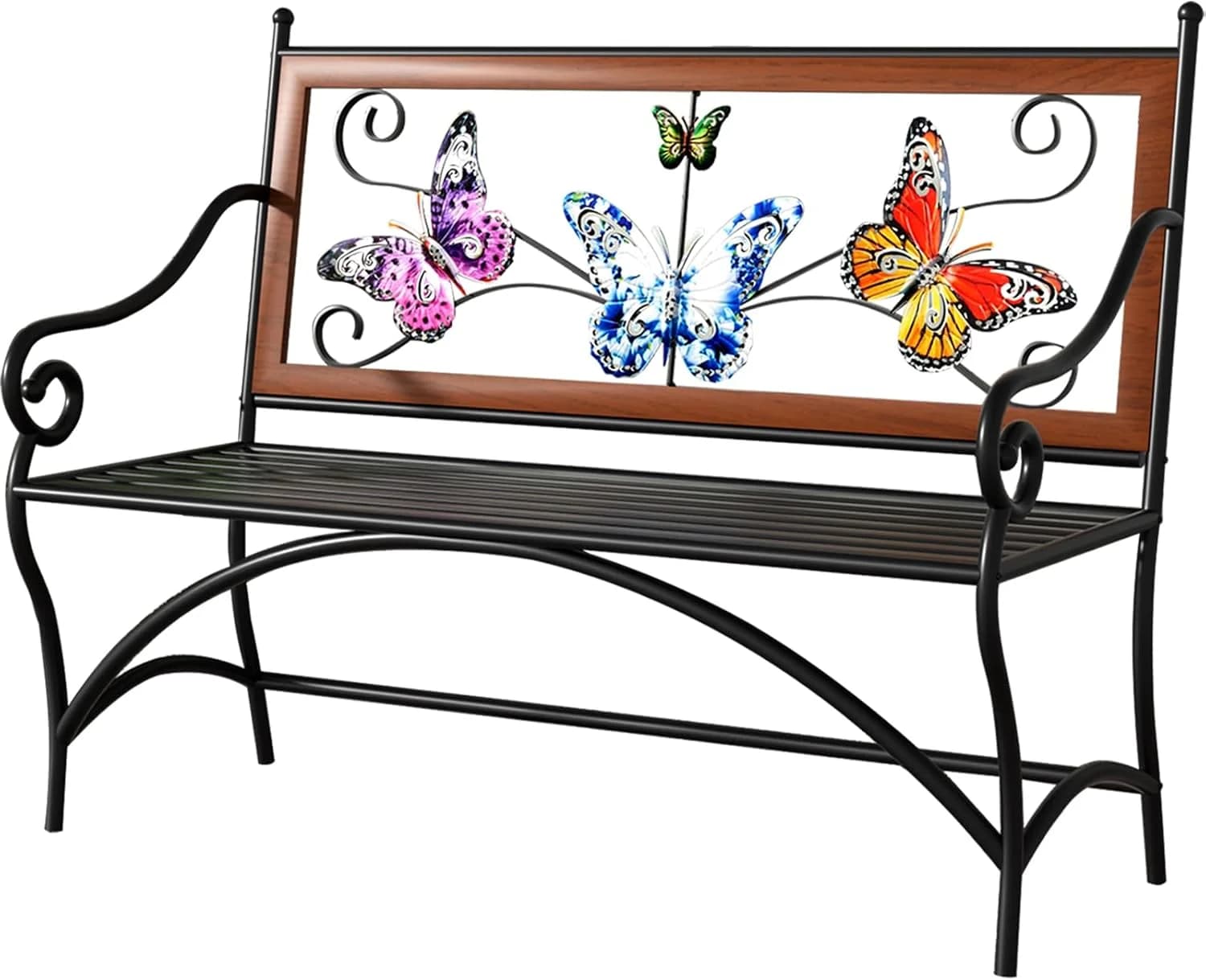 39.7" Outdoor Bench, Garden Bench, Patio Bench with Armrest, Slatted Seat and Butterfly Pattern Backrest for Outside, Fr