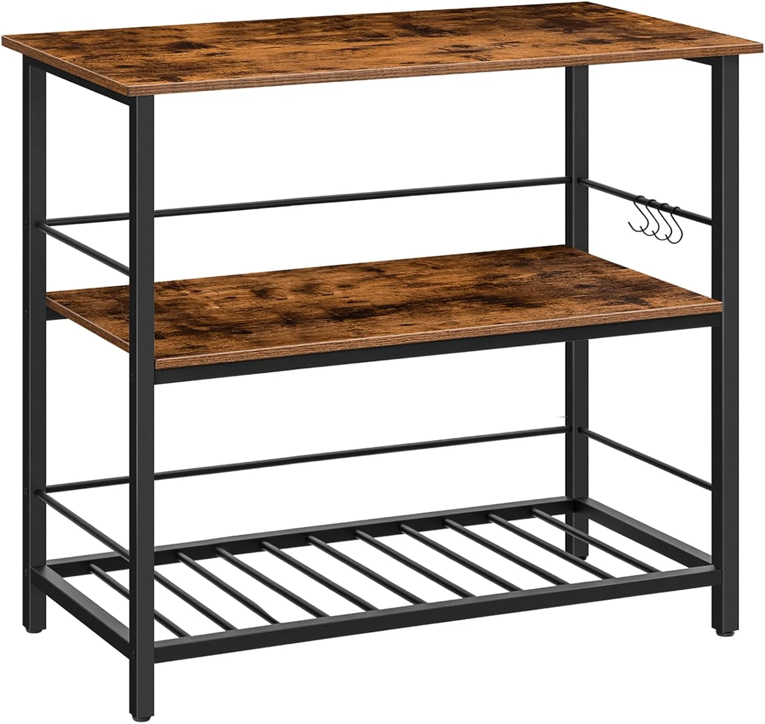 HOOBRO Kitchen Island with Wine Rack, Industrial Island Counter with Hooks and Protective Rails, 3 Tier Kitchen Shelf wi