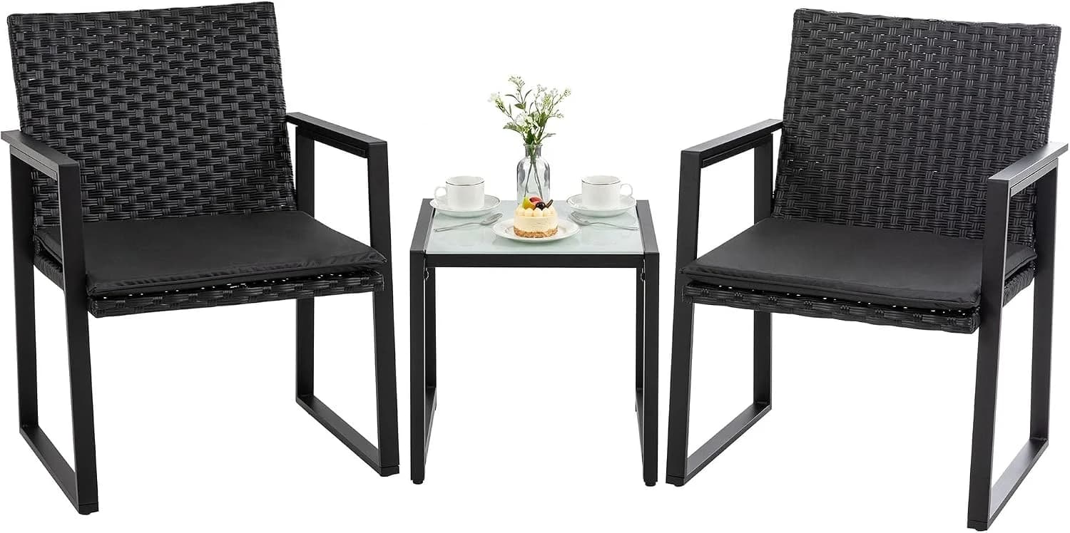 SUNLEI Outdoor 3-Piece Bistro Set Black Wicker Furniture-Two Chairs with Glass Coffee Table (Black&Beige)