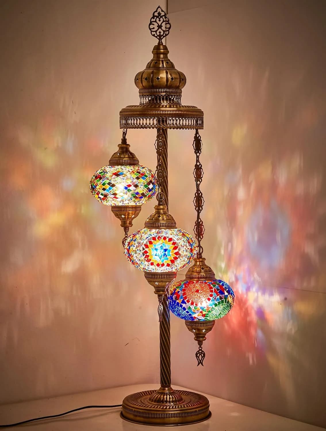 DEMMEX Turkish Moroccan Mosaic Floor & Table Lamp, 37" (95cm) Tall, Handmade Boho Tiffany-Style Light with 3 Large 7" Gl