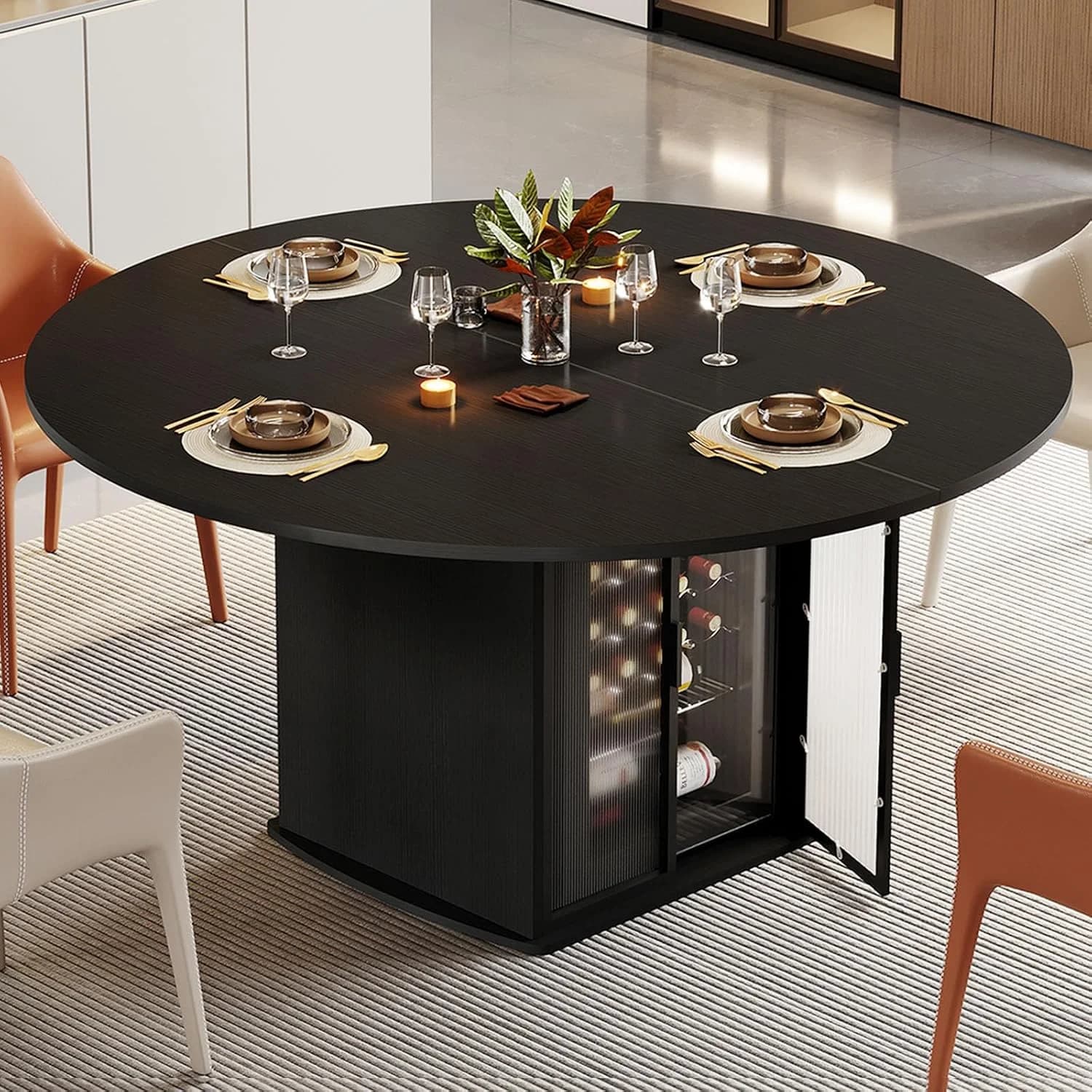 IBF Black Round Dining Table for 4, 47 Inch Dining Room Table with Storage