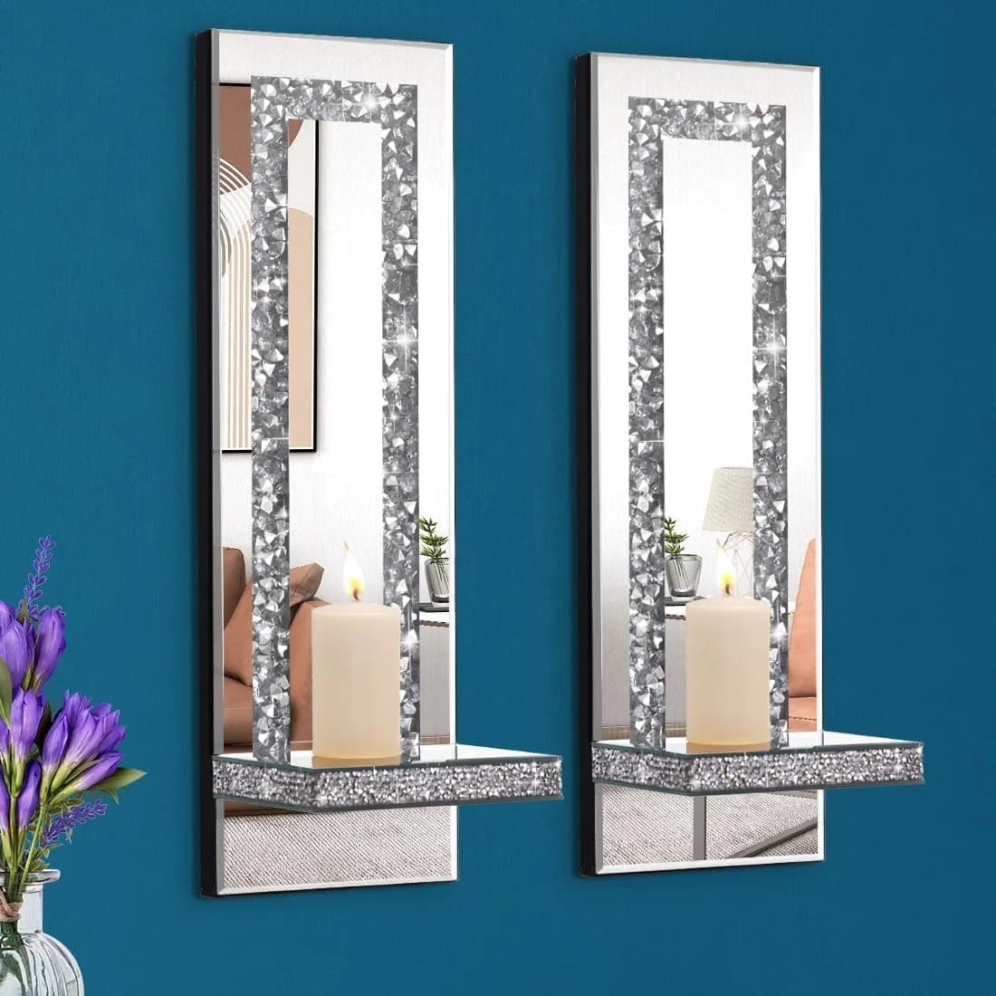 Mirrored Wall Candle Sconces Holder Set of 2, Wall Decor Living Room