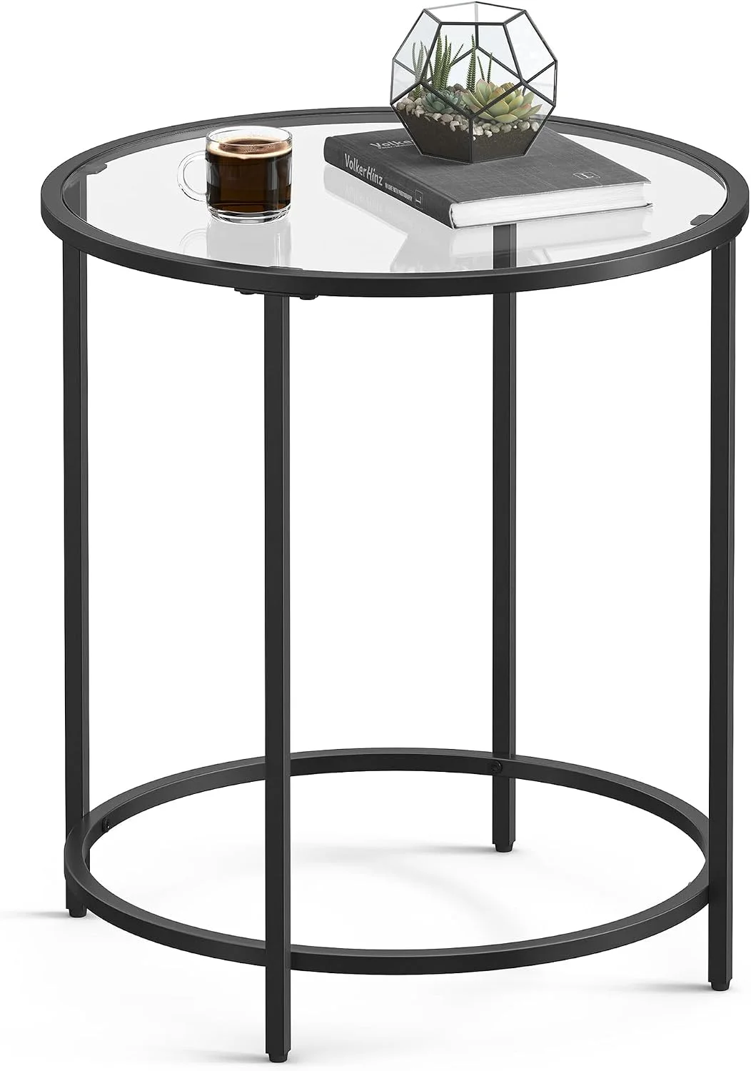 VASAGLE Round Side Table, Glass End Table with Metal Frame