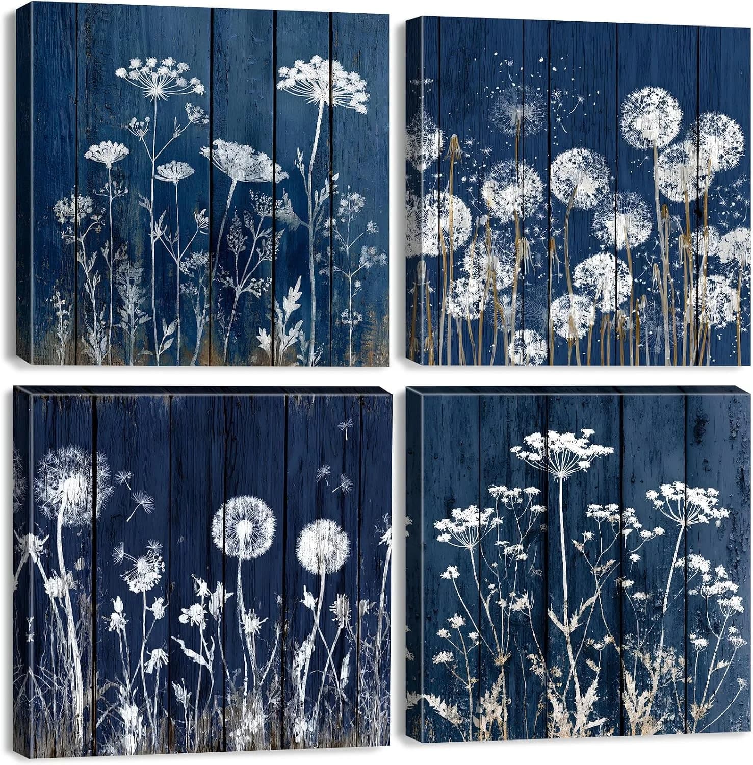 Rustic Dandelion Wall Art Bathroom Navy Blue Wall Decor Farmhouse Botanical Pictures Vintage Flower Canvas Prints Plant