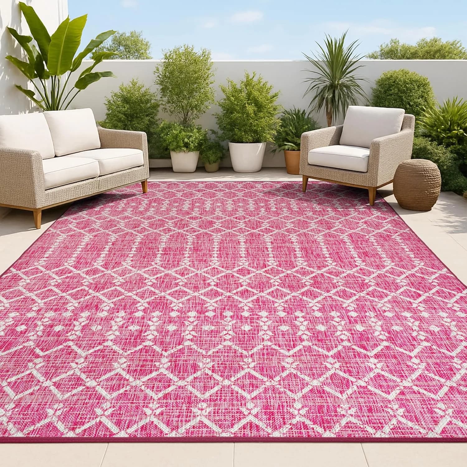 JONATHAN Y Moroccan Geometric Indoor Outdoor Area Rug 4X6 Fuchsia/Light Gray, Ourika Textured Weave for Backyard, Patio,