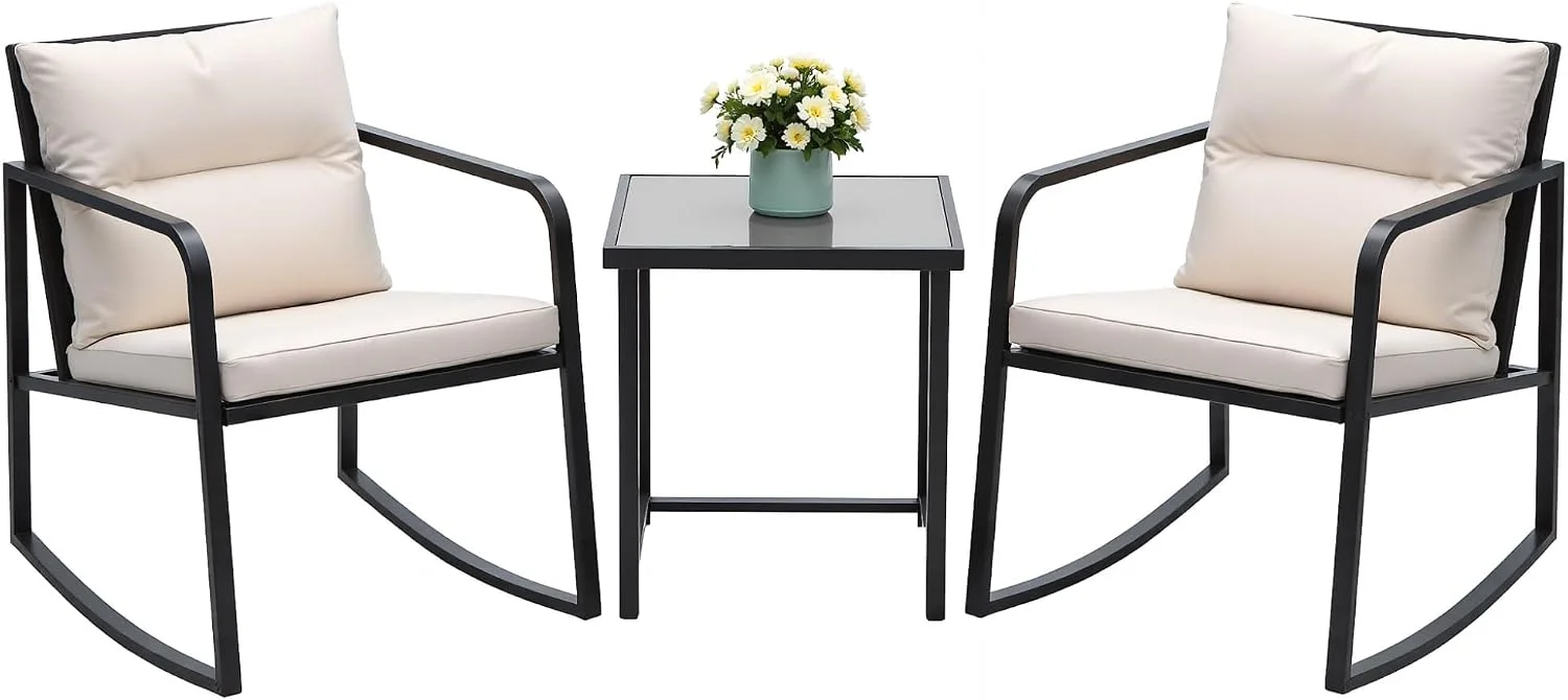 Devoko 3 Pieces Patio Furniture Set Wicker Outdoor Rocking Bistro Chair