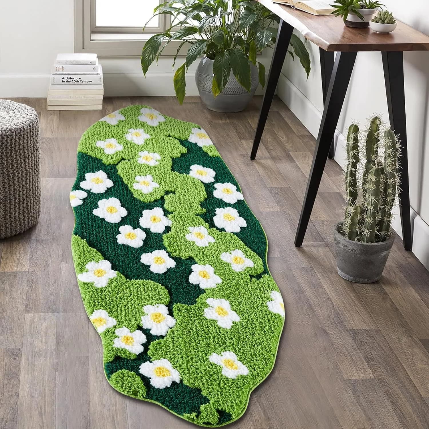 Cute Green Floral Bathroom Runner Rugs Extra Long Bath Mat 24''W x 60''L Non Slip Washable, Modern Chic Boho Aesthetic T