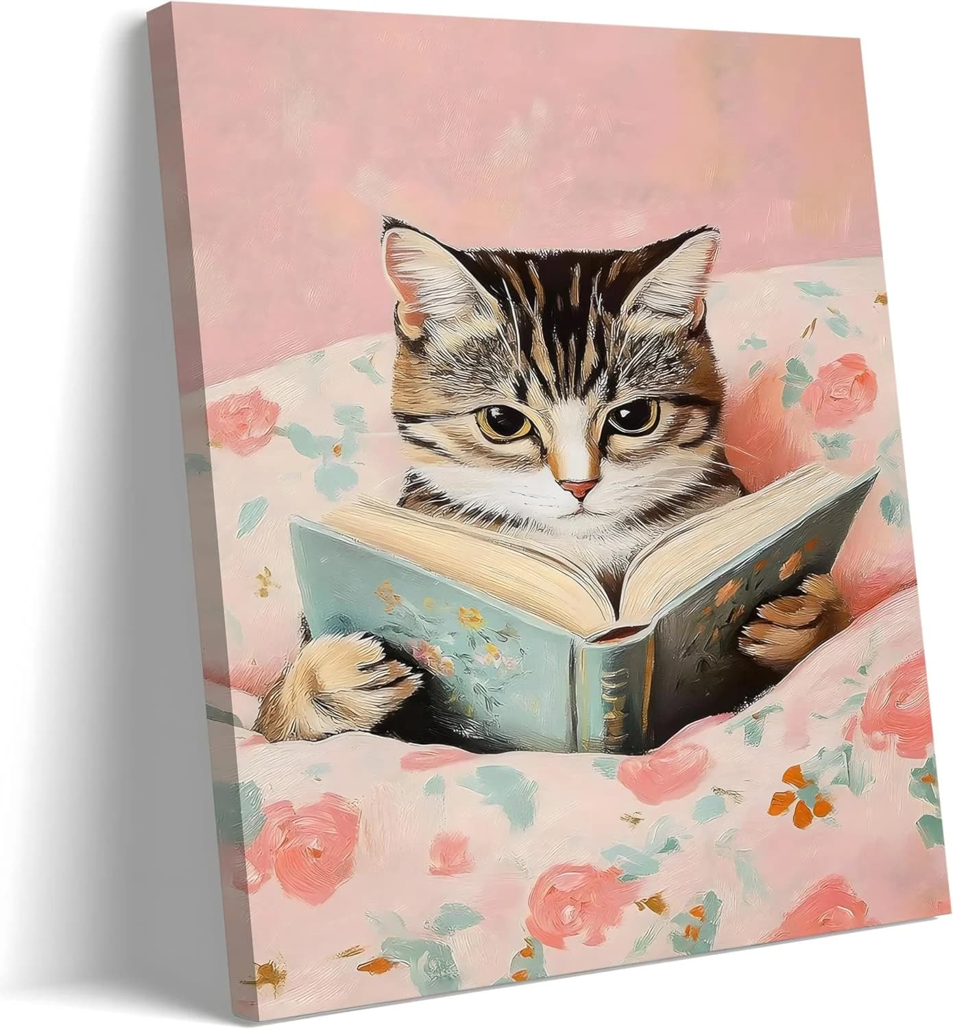 Framed Cats Canvas Wall Art, Funn Tabby Cat Reading Books Picture Wall Decor, Pink Vintage Animal Poster Prints for Girl