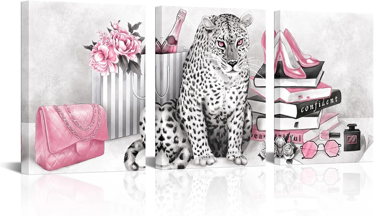 Visual Art Decor Glam Fashion Picture Pink Blush Wall Art Leopard Books High Heel Shoes Perfume Canvas Prints for Modern