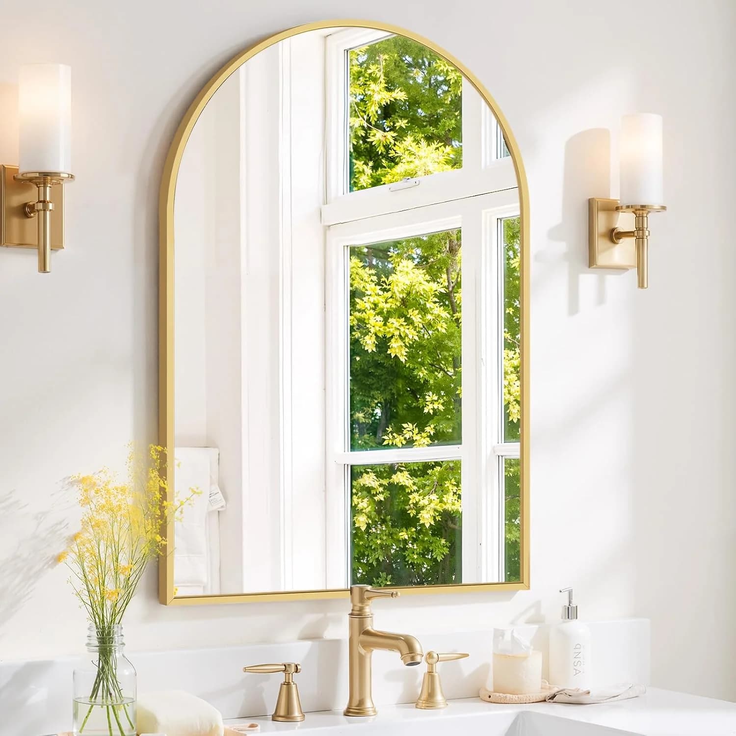 Arched Wall Mirror 36x24 Inch Gold Bathroom Vanity Mirror with Metal Frame