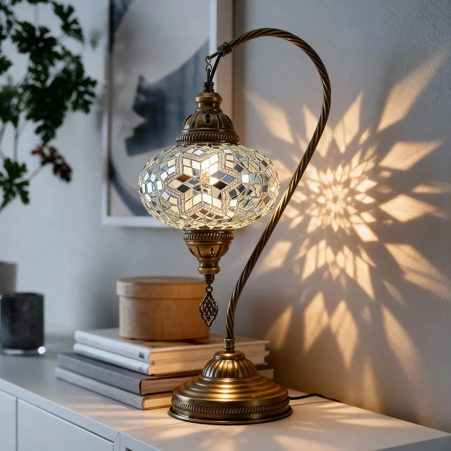 Turkish Lamp, Swan Neck Mosaic Table Lamp, Moroccan Decorative Glass Antique Bohemian Vintage Lamp Shade, Tiffany Desk B