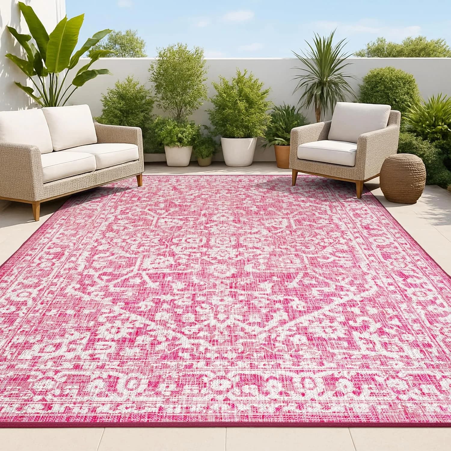JONATHAN Y Boho Medallion Indoor Outdoor Area Rug 3X5 Fuchsia/Light Gray, Malta Textured Weave for Backyard, Patio, Porc