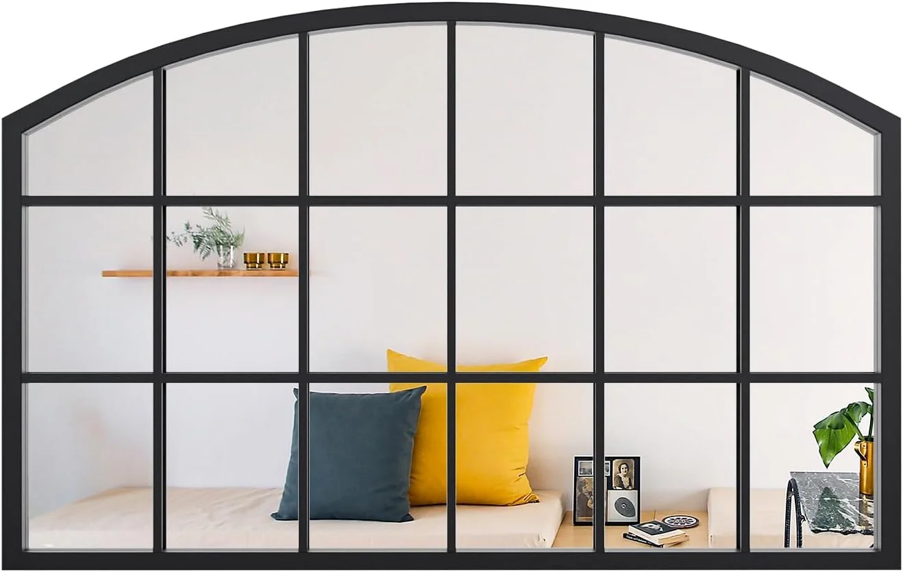 Black Windowpane Wall Mirror, 44" x 28" Arched Window Mirror