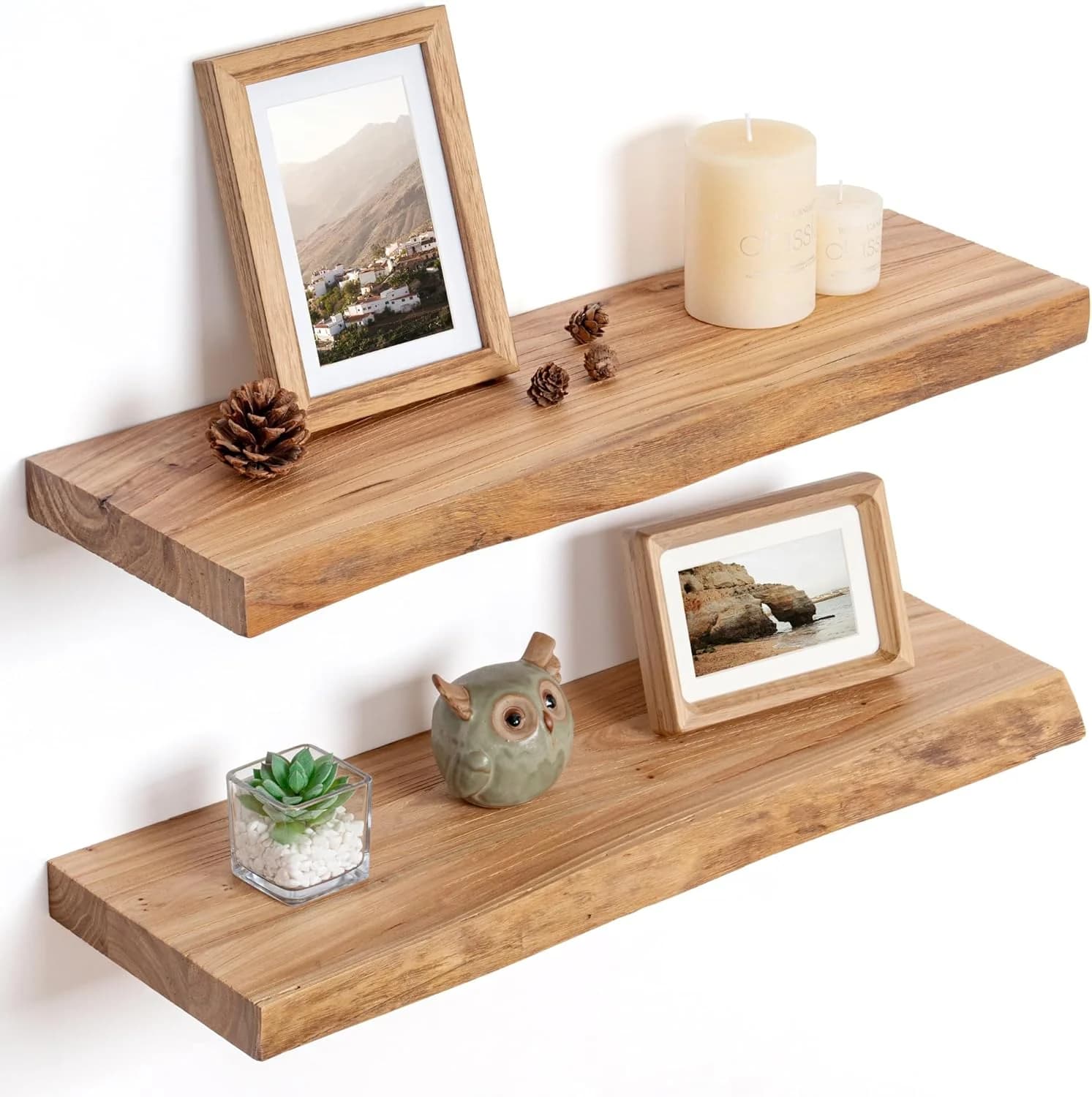 Floating Shelves for Wall Decor, Rustic Solid Elm Wood Live Edge Floating Shelves Wall Mounted, Wall Shelves with Invisi
