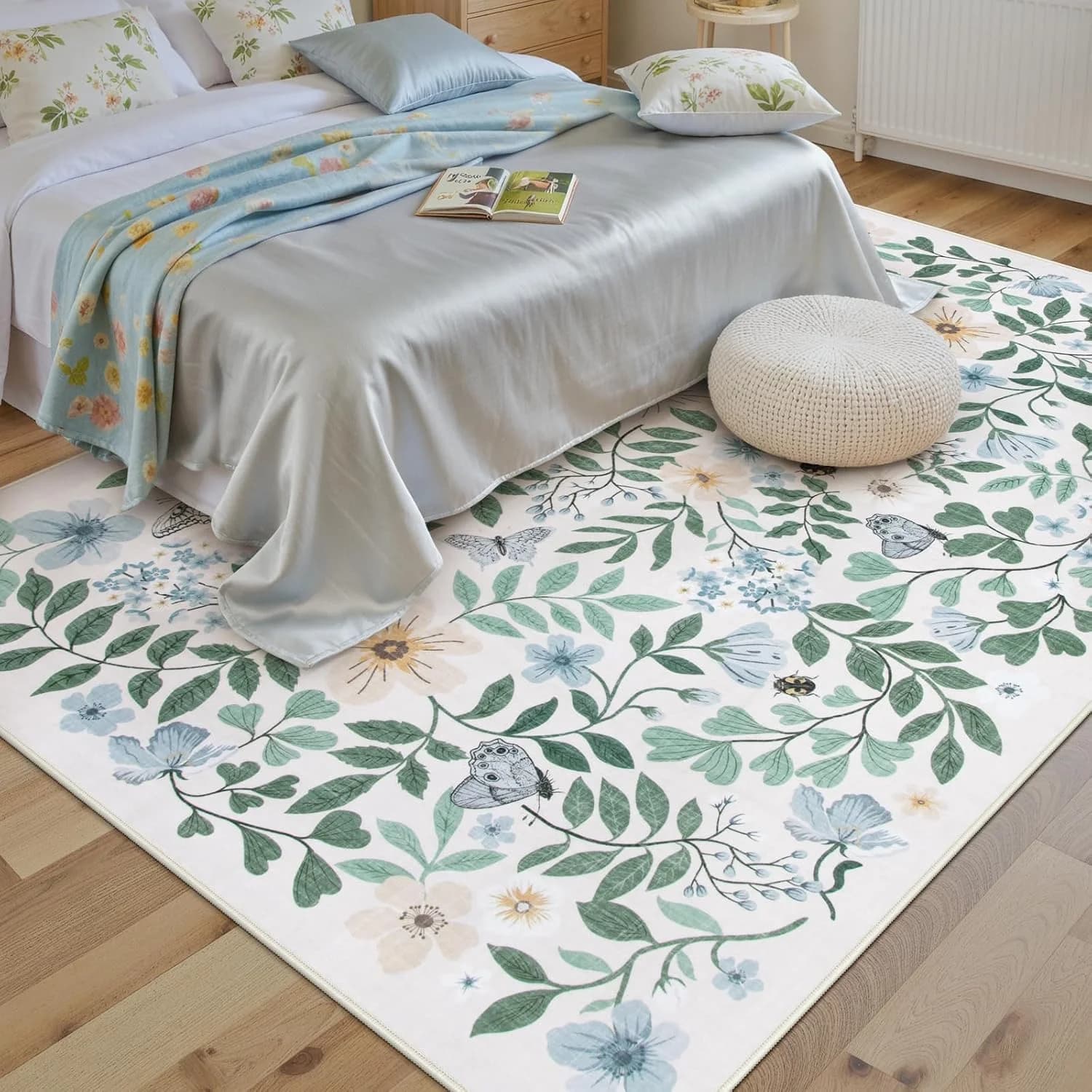 Lahome 5x7 Light Blue Rugs for Girls Bedroom, Boho Washable Floral Rug