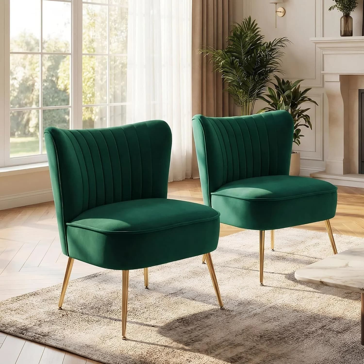 DUOMAY Modern Accent Chair Set of 2 Velvet Slipper Chair with Gold Legs Wingback Side Chair for Living Room Bedroom Entr