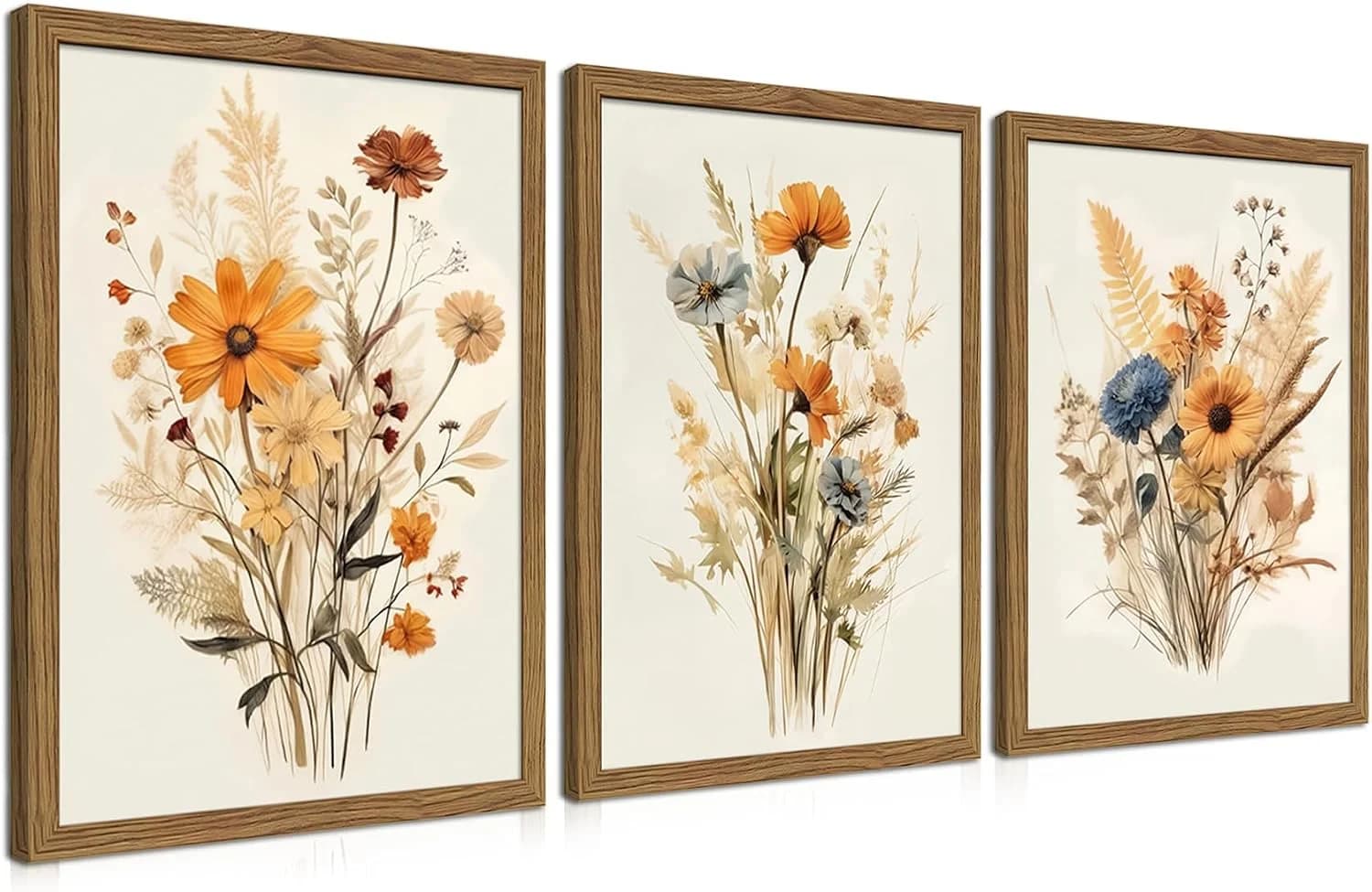 Vintage Wildflower Framed Canvas Wall Art Set of 3 – Rustic Botanical Floral Pictures Prints for Living Room Bedroom Bat