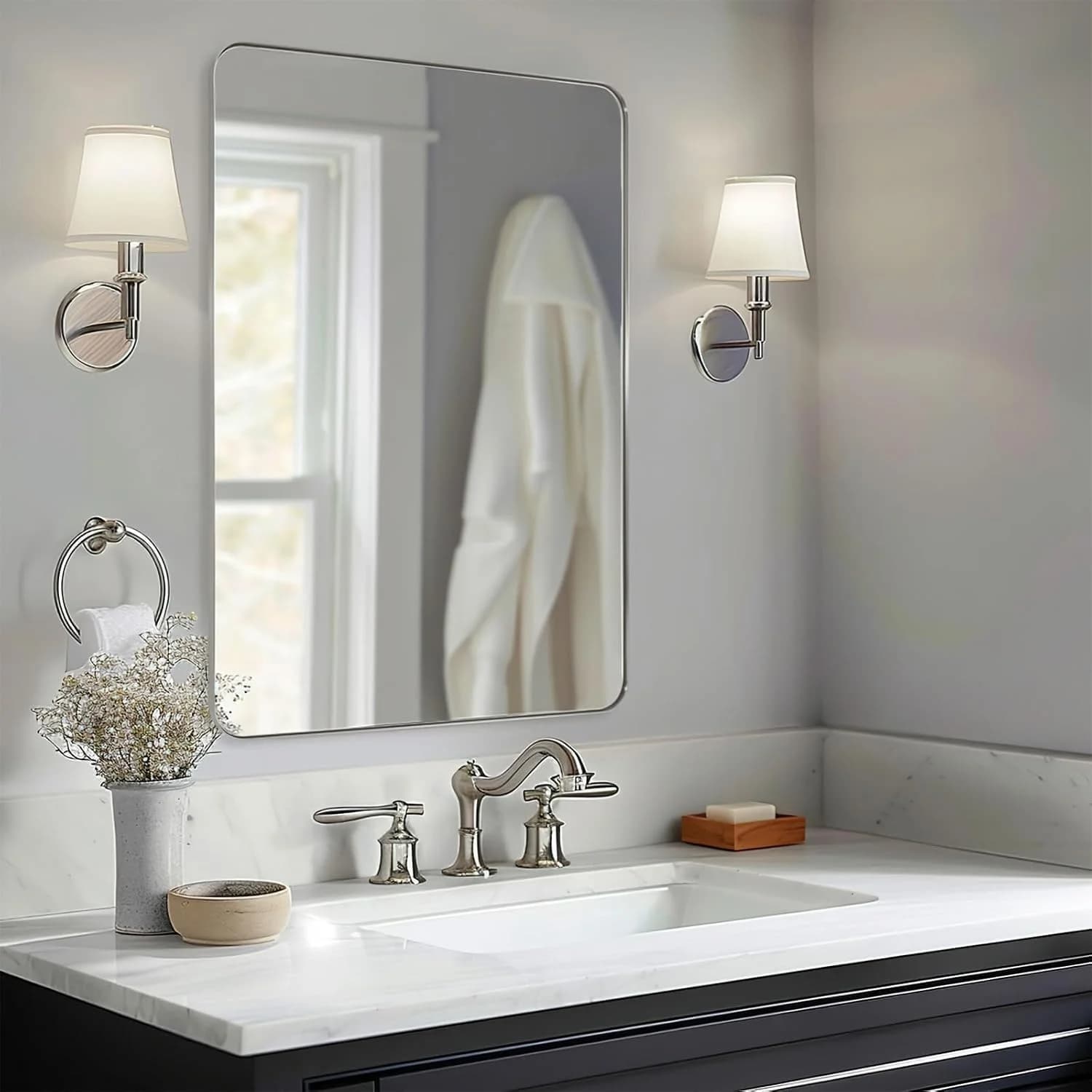 ANDY STAR Wall Mirror Brushed Nickel for Bathroom, 30x36 Rounded Rectangle Mirror with Stainless Steel Silver Metal Fram