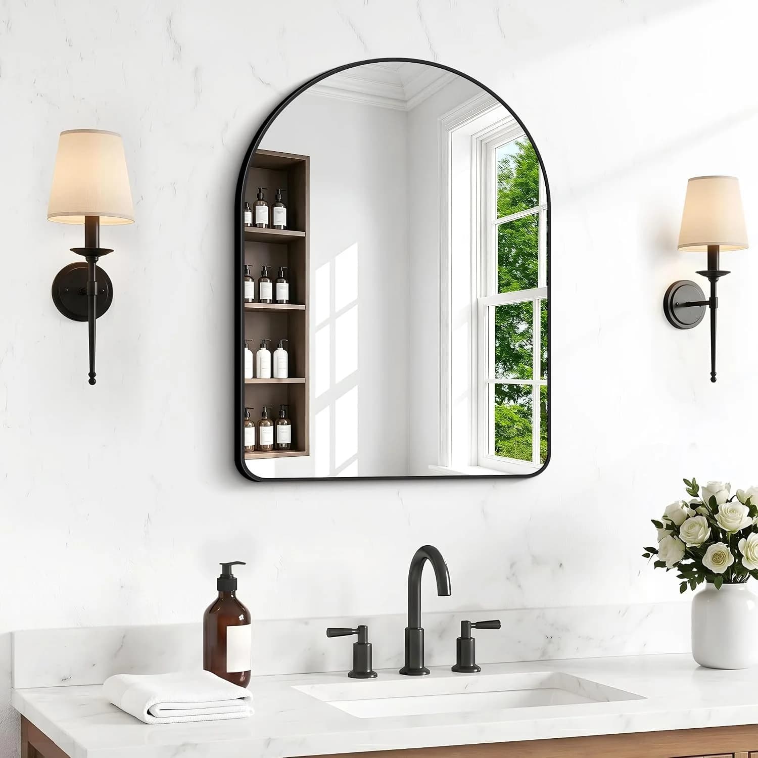 BONEWEI Arched Wall Mirror,24x30 inch Black Arched Mirror Bathroom,Vanity Mirror for Over Sink Metal Frame,Tempered Glas