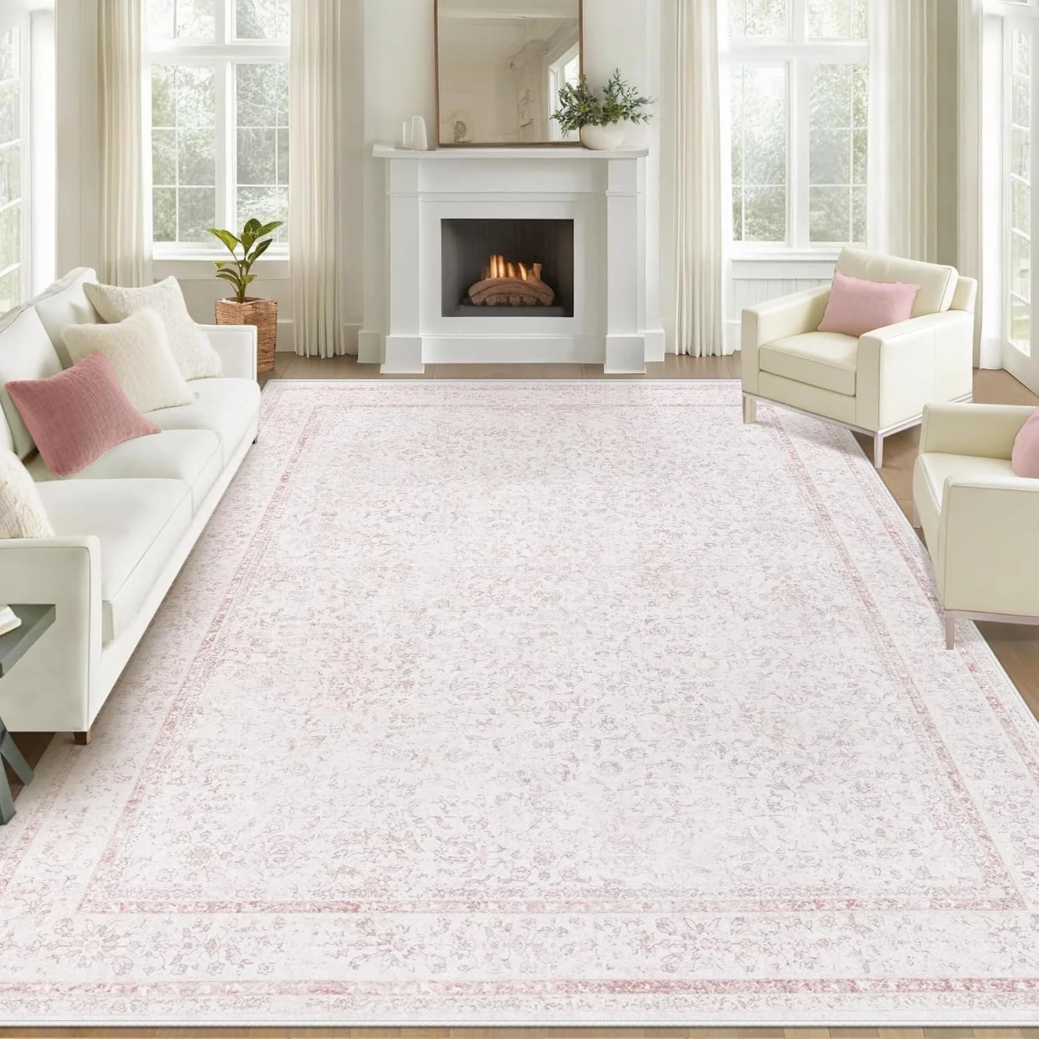 8x10 Area Rugs for Living Room: Washable Large Vintage Floral Rug Low Pile Non-Slip Boho Carpet for Bedroom Home Office
