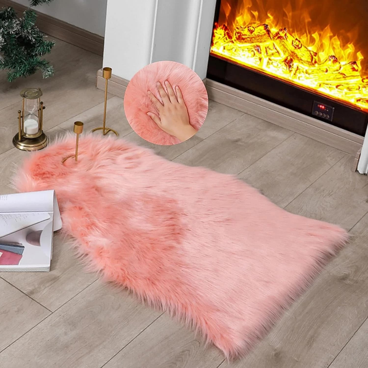 linmopm Faux Fur Rug Sheepskin Shag Fluffy Fuzzy Pink 2x3 ft Small Rugs for Bedroom Bedside Bed Floor Living Room Plush