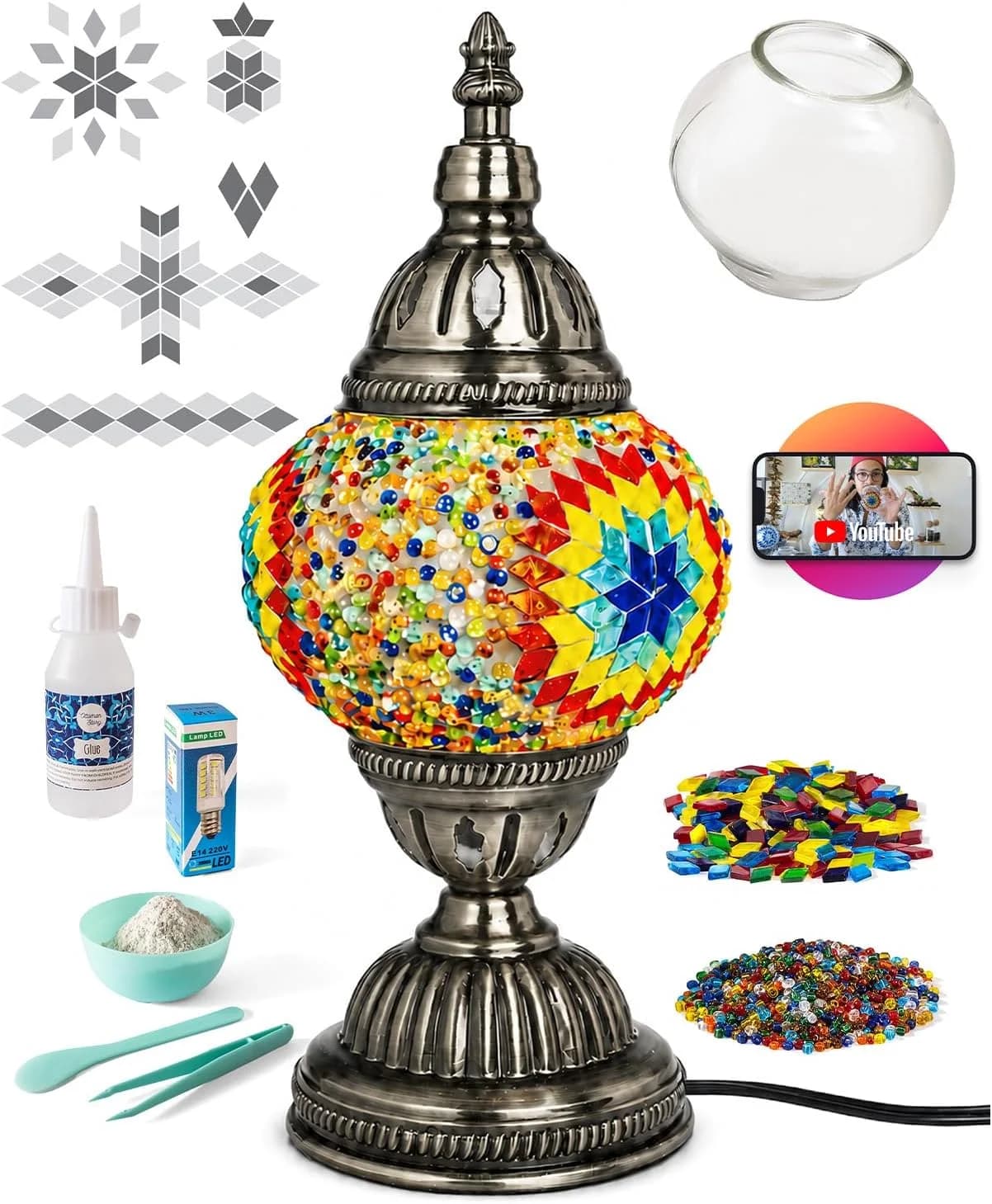 KRAFTSTORIES Turkish Mosaic Lamp Kit DIY Glass Decorative Table Bedside Night Light Tabletop for Living Room Bedroom
