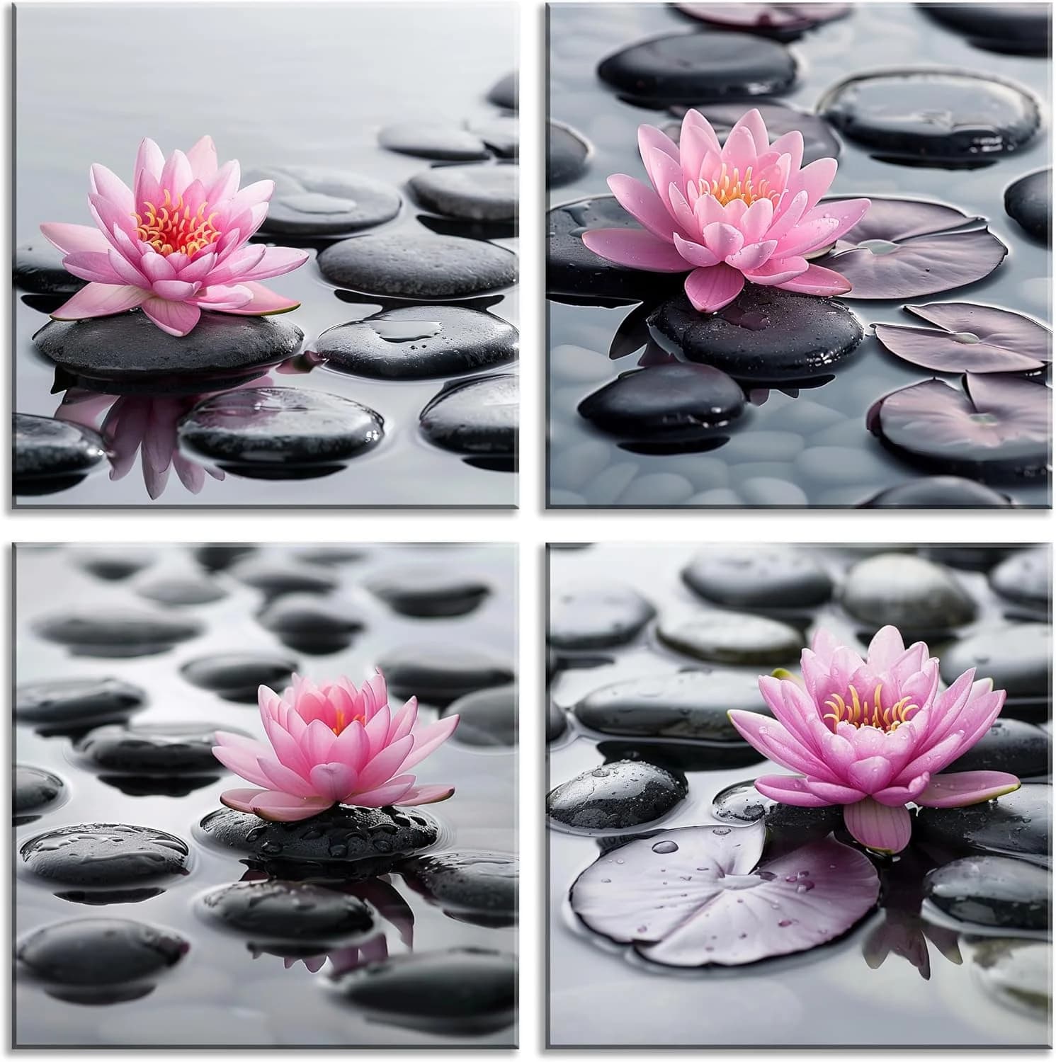 NAN Wind 4Pcs Zen Pink Water Lily Black Stones Framed Canvas Art Botanical Floral Print Modern Spa Art for Home Decor, R