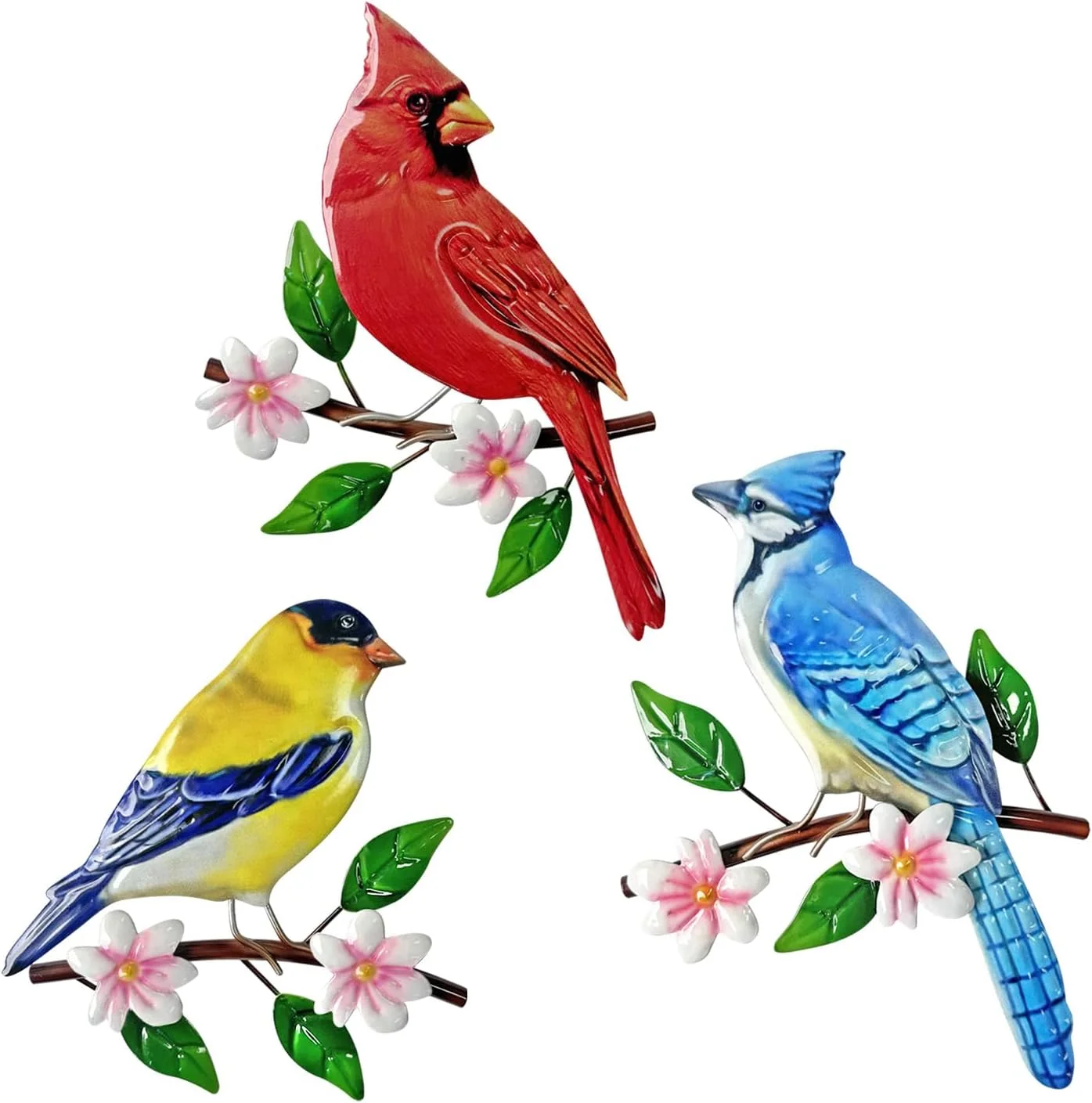 Limygus 3 Piece Metal Birds on Branch Wall Art, Floral Indoor Outdoor Hanging Decor for Garden Fence Courtyard