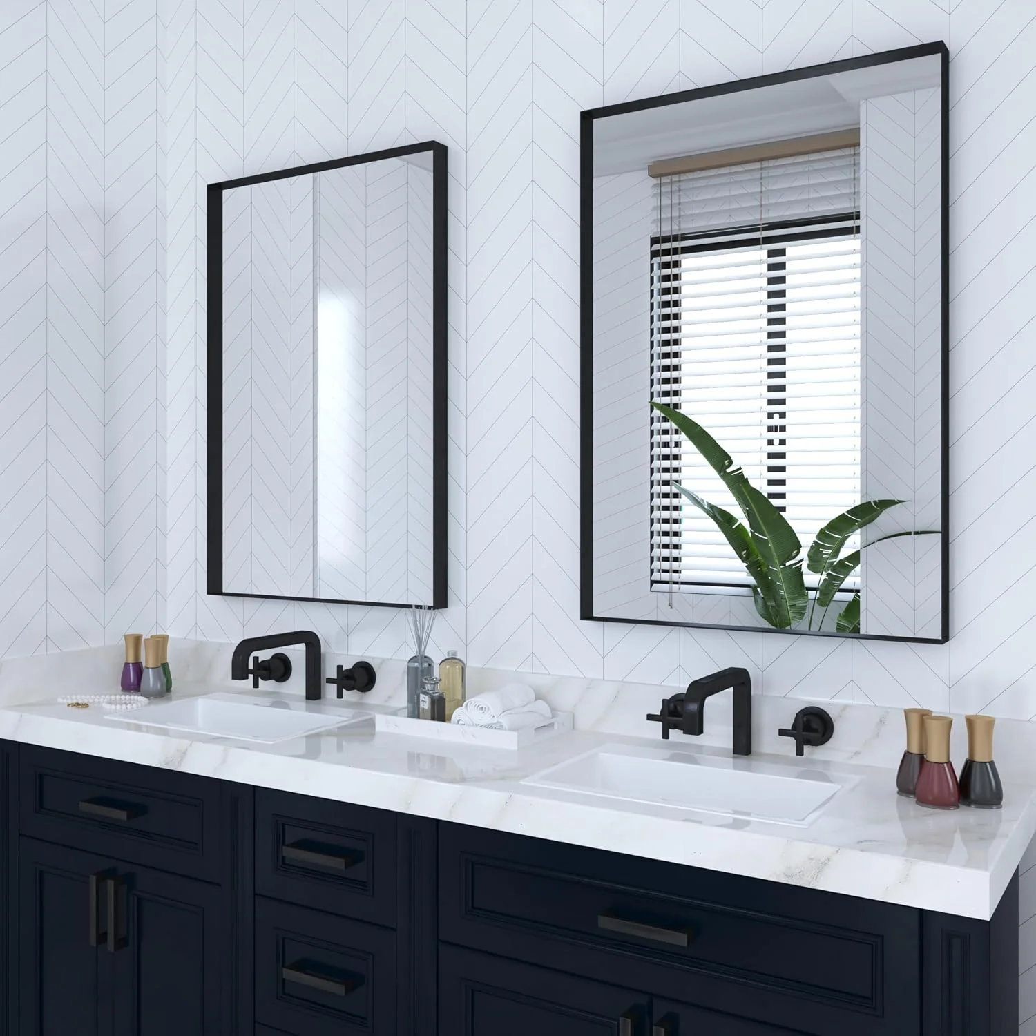 VocalStar 2-Pack Black Bathroom Mirrors 24 x 36 Inch, Metal Framed Square Corner Rectangle Bathroom Wall Vanity Mirror f