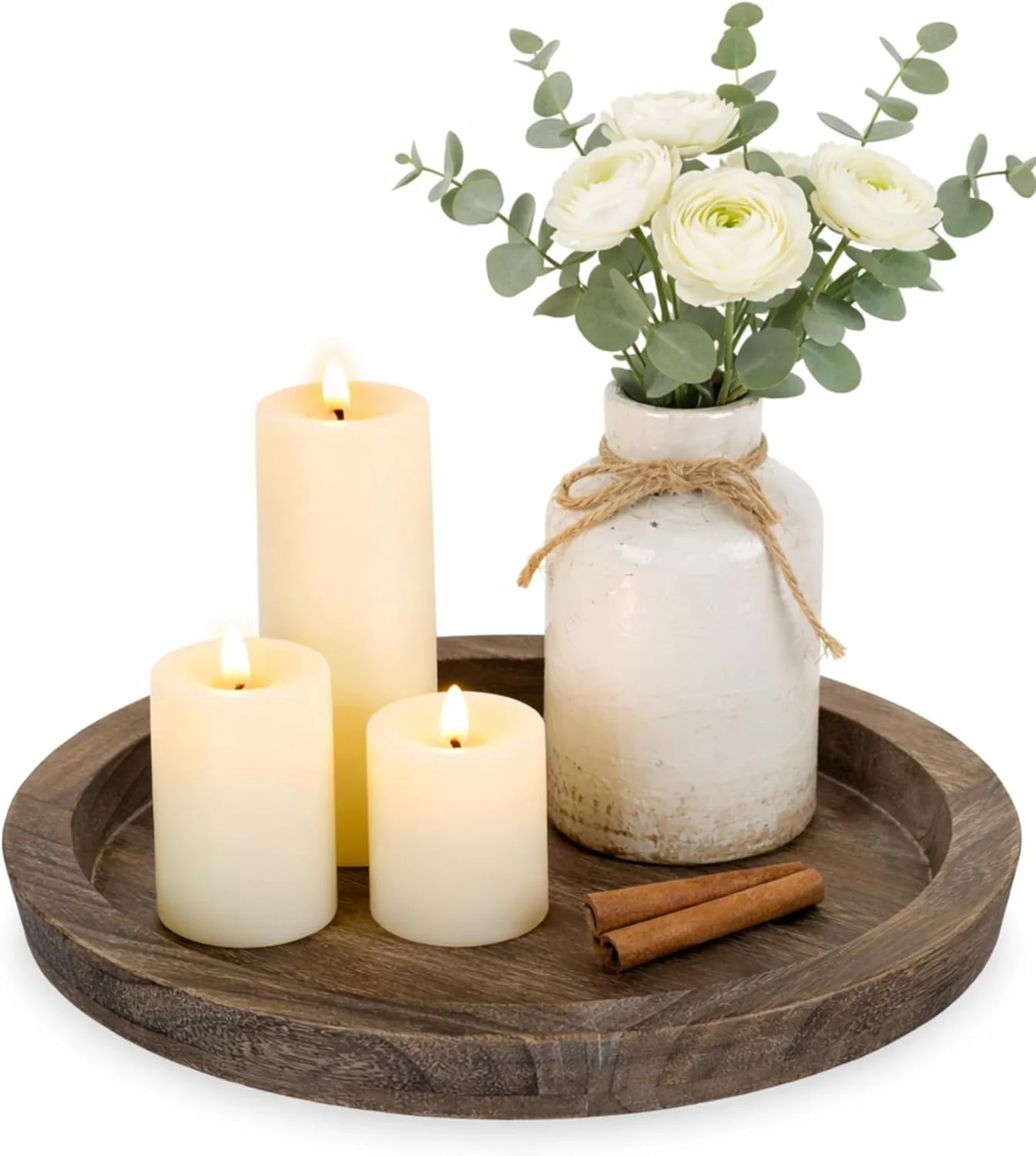 Hanobe Round Wooden Candle Holder Trays for Coffee Table, Distressed Finish