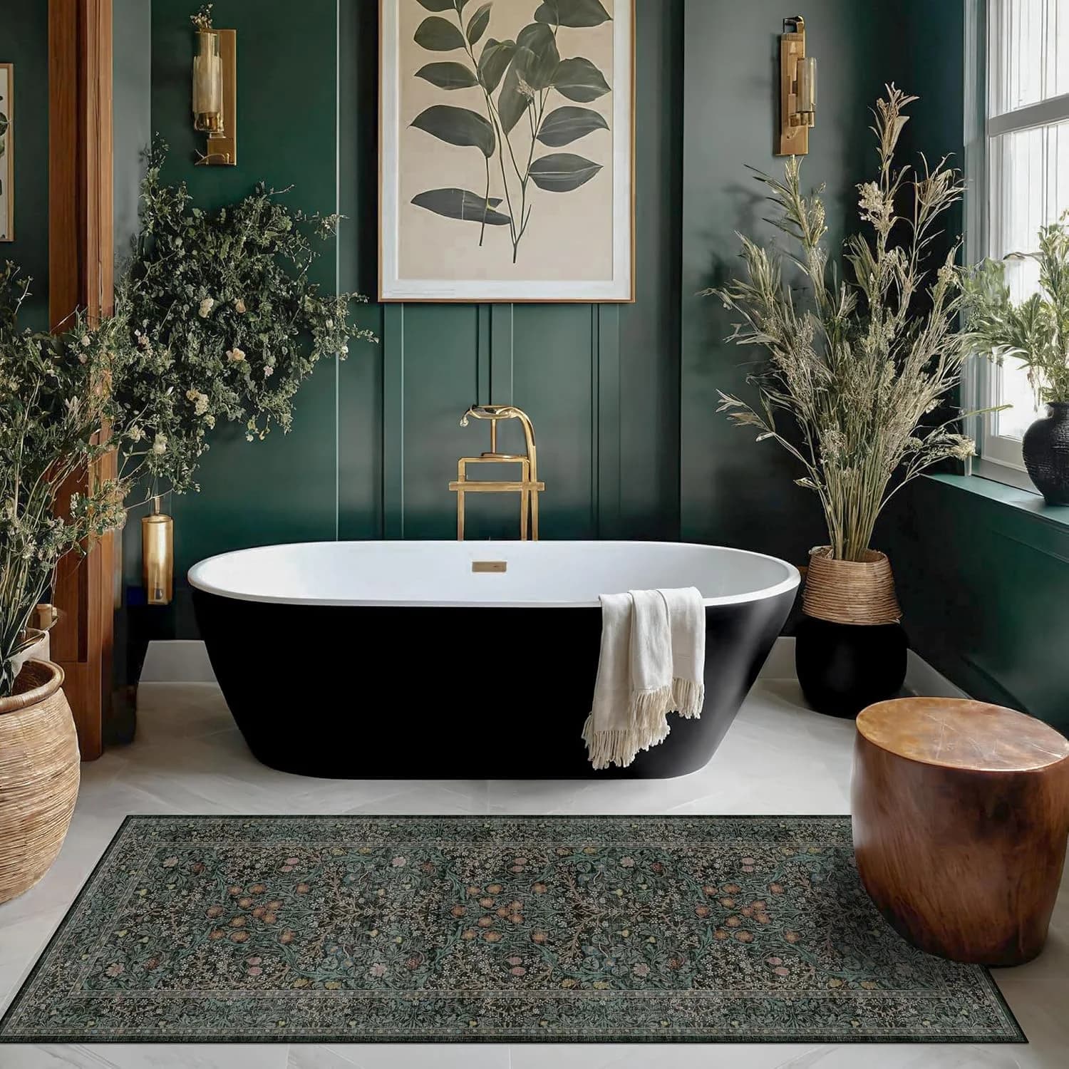 Dark Green 2x5 Runner Rug Non Slip Washable for Bathroom, Kitchen, Floral Boho Low Pile Entryway Rug, Door Mat Indoor En