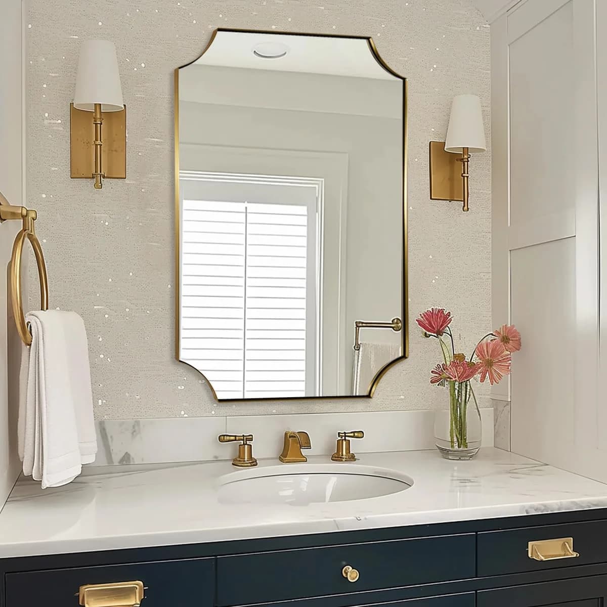 ANDY STAR Brushed Gold Rectangle Mirror, 24x36 Inch Scalloped Bathroom Mirror, Unique Rectangular Mirror with Scalloped