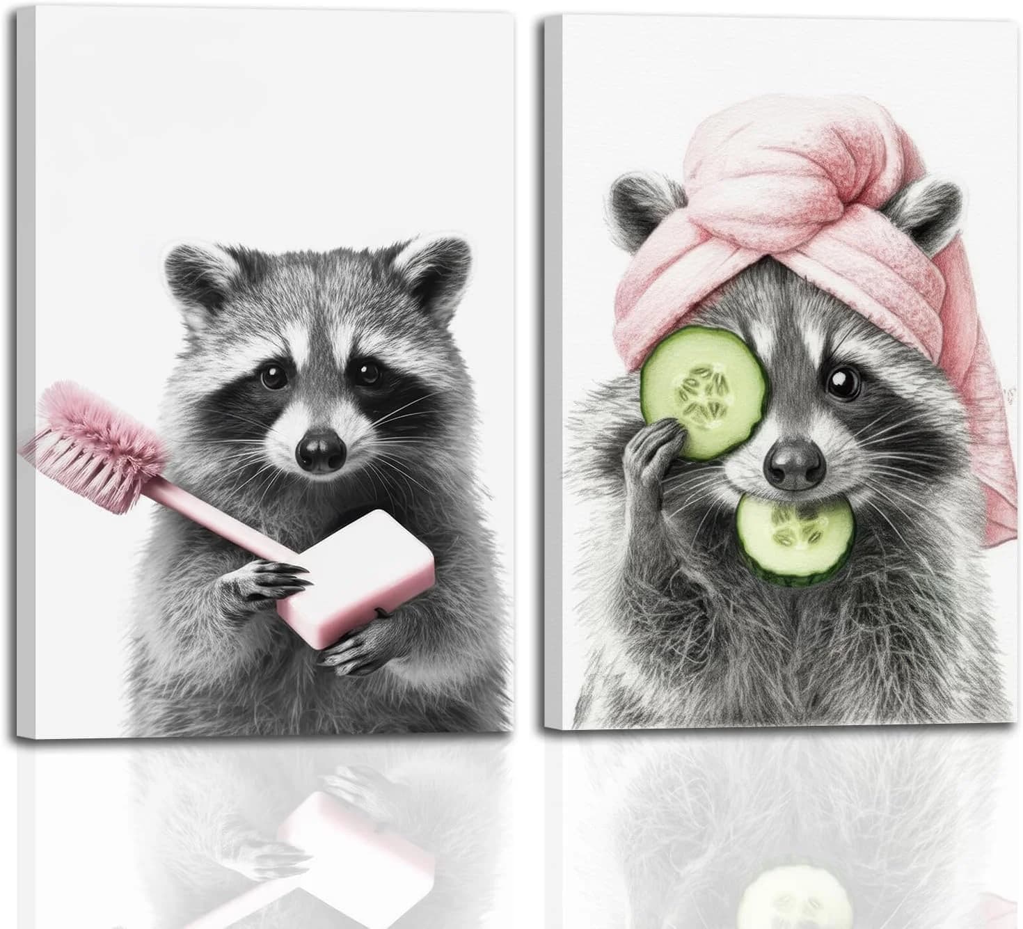 Funny Raccoon Bathroom Wall Art Black White Pink Animal Canvas Prints