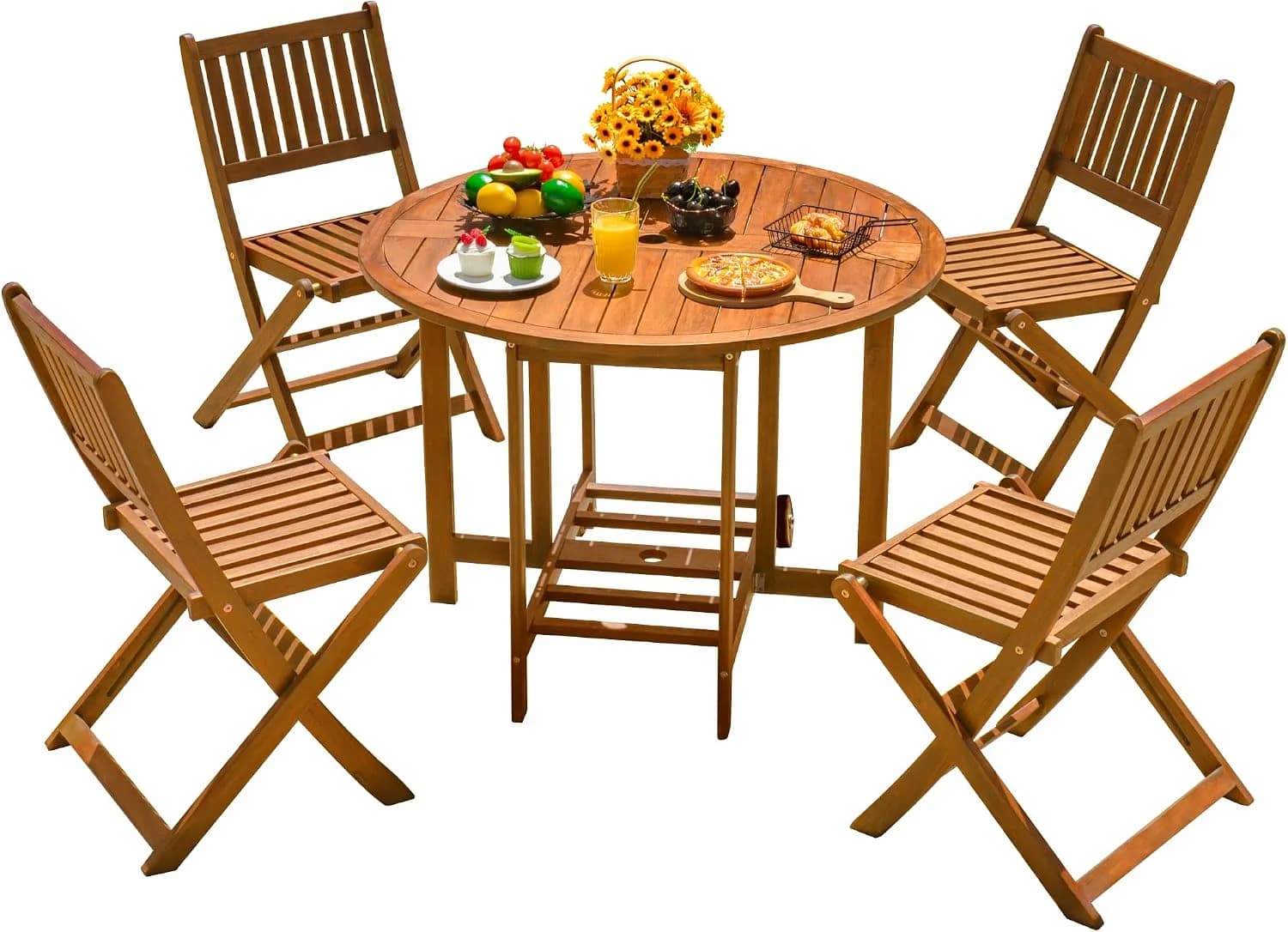 Devoko Acacia Wood Outdoor Patio Folding Table and Chairs Set for 4