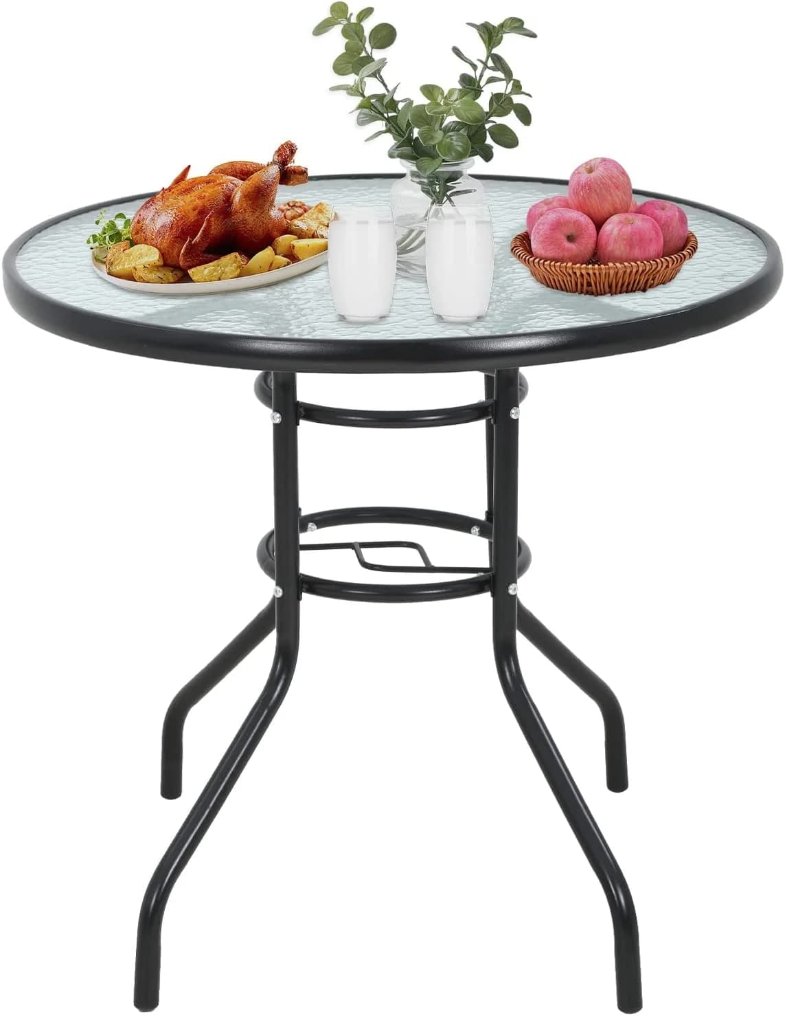 Outdoor Table Patio Table Dining Table with Tempered Glass Umbrella Hole for Lawn Balcony, Yard (Round)