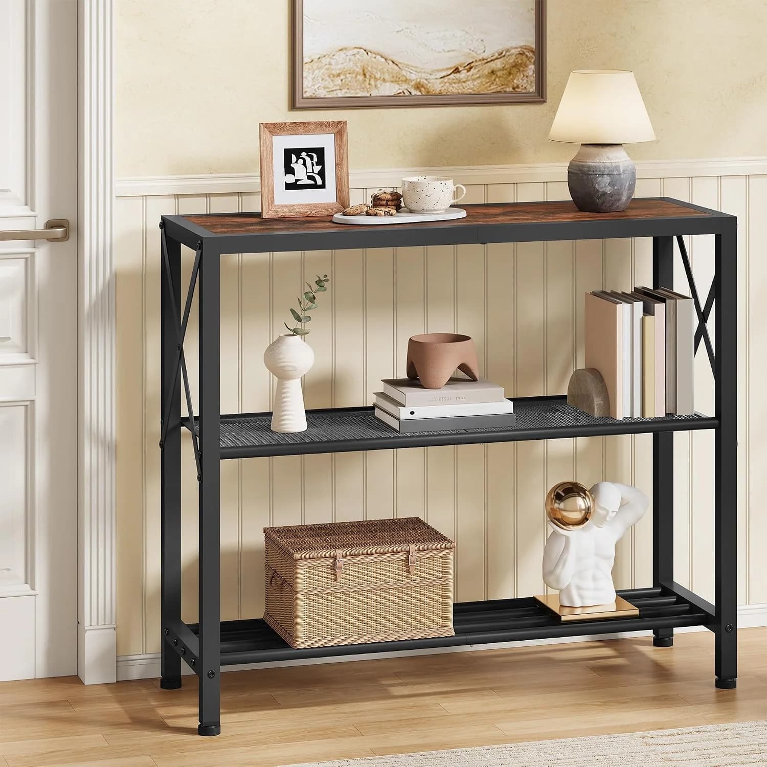 Hoctieon Industrial Console Table, 3-Tier Entryway Tables, Metal Frame, Sofa Table with Shelf, Hallway Tables, Entrance