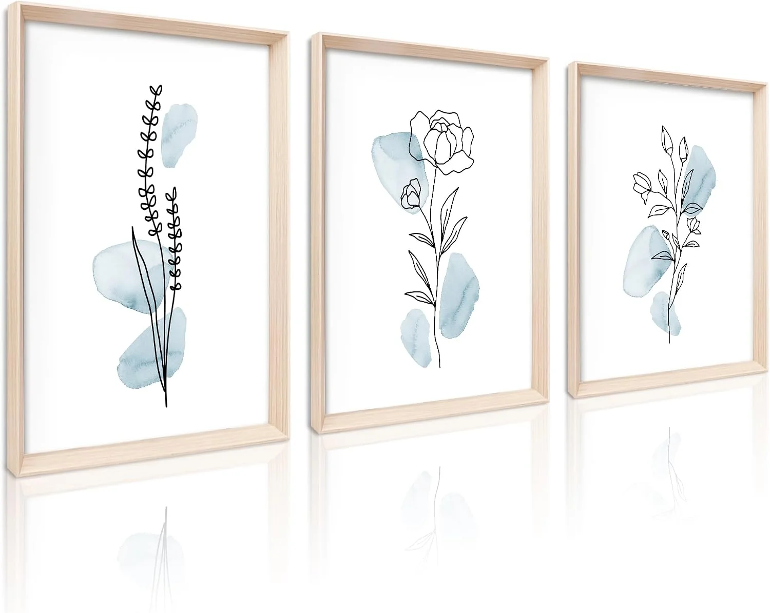 HesenDot Blue Floral Framed Wall Art, Minimalist Botanical Canvas Prints