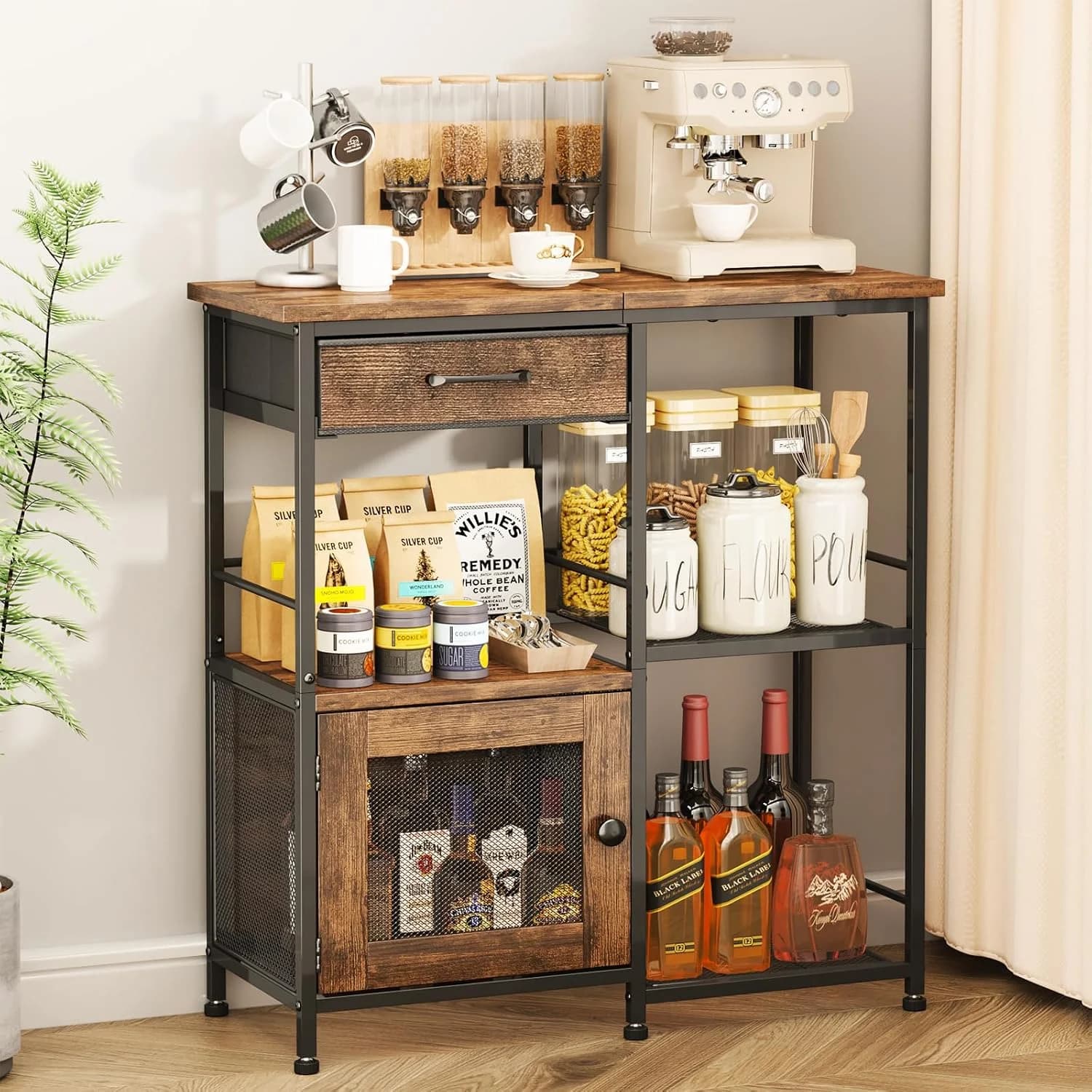 SWTYMIKI Coffee Bar Cabinet for Home - Farmhouse Coffee Stand Station Multi-Purpose Buffet Sideboard Cabinet with Drawer